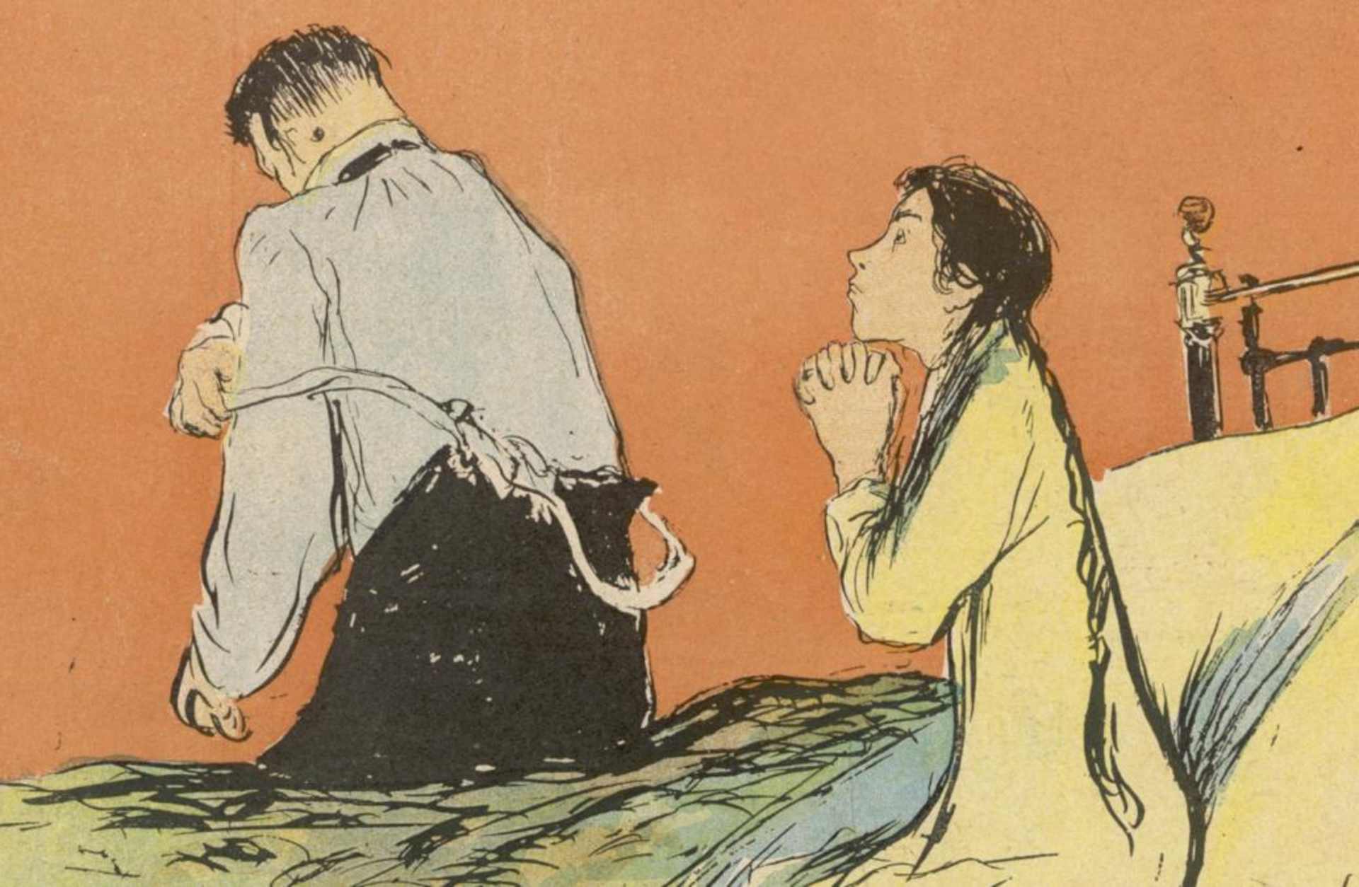 An illustration on the front of the 19th century publication, Le Rire, of a woman praying to be spared of an unwanted pregnancy while her husband gets ready to come to bed. (Credit: Historia/REX/Shutterstock)