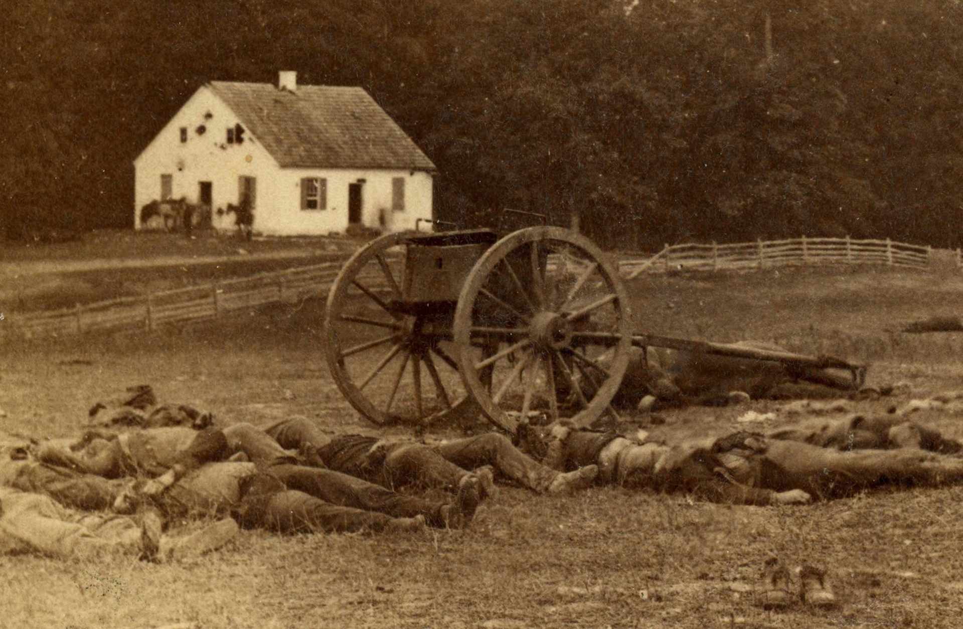 Several dead Confederate artillery men lie outside Dunker Church after the Battle of Antietam. The church was the location of some of the bloodiest fighting during the battle. September 19, 1862.