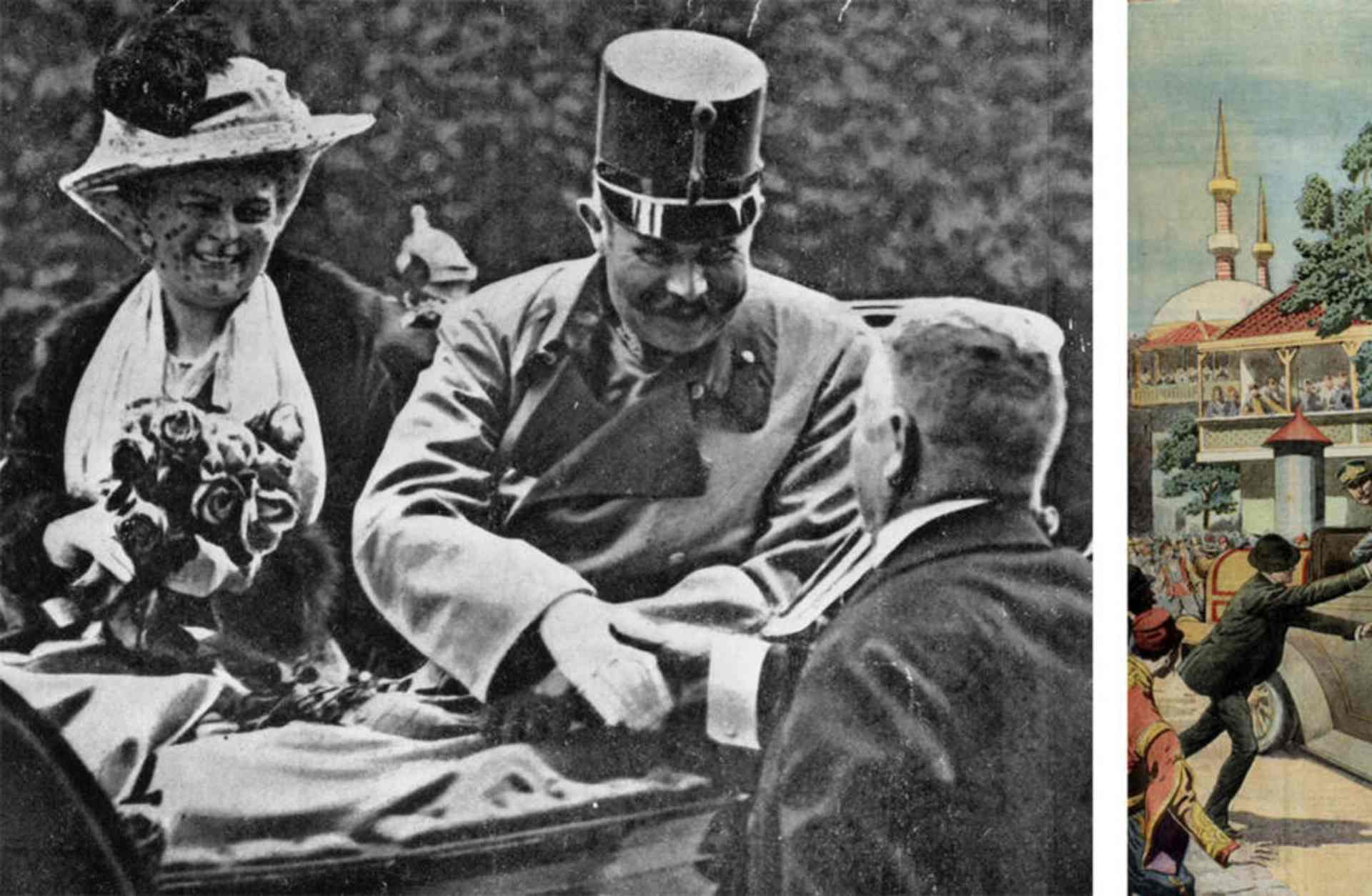 Archduke Franz Ferdinand and his wife Sophie shortly before their assassination, and a page from Le Petit Journal, illustrating the assassination. (Credit: Henry Guttmann/Getty Images & Popperfoto/Getty Images)