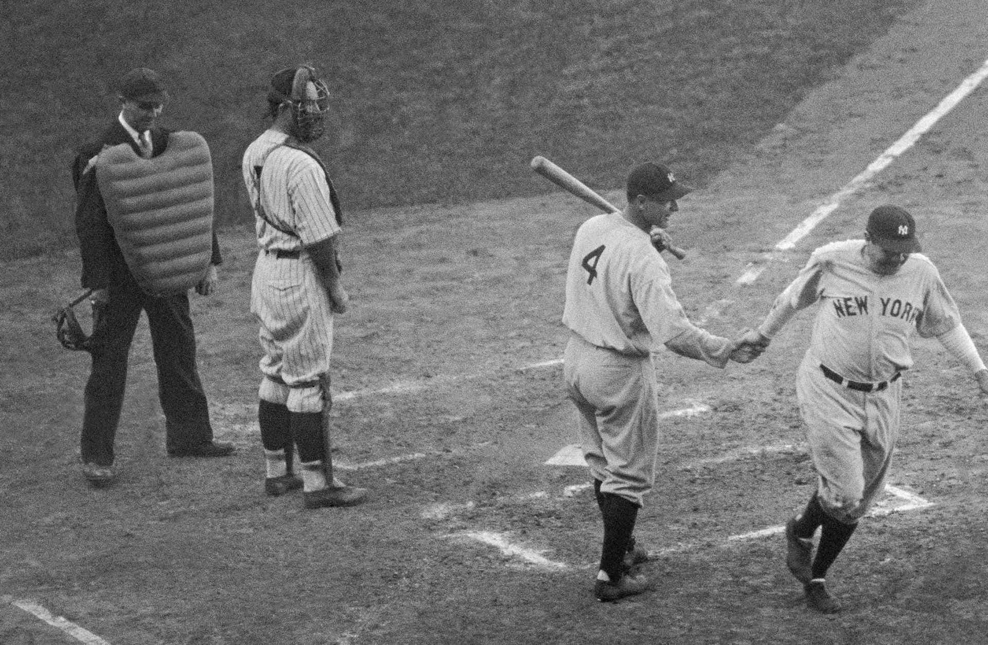 Lou Gehrig greeted Babe Ruth at home after the Bambino's called shot home run.