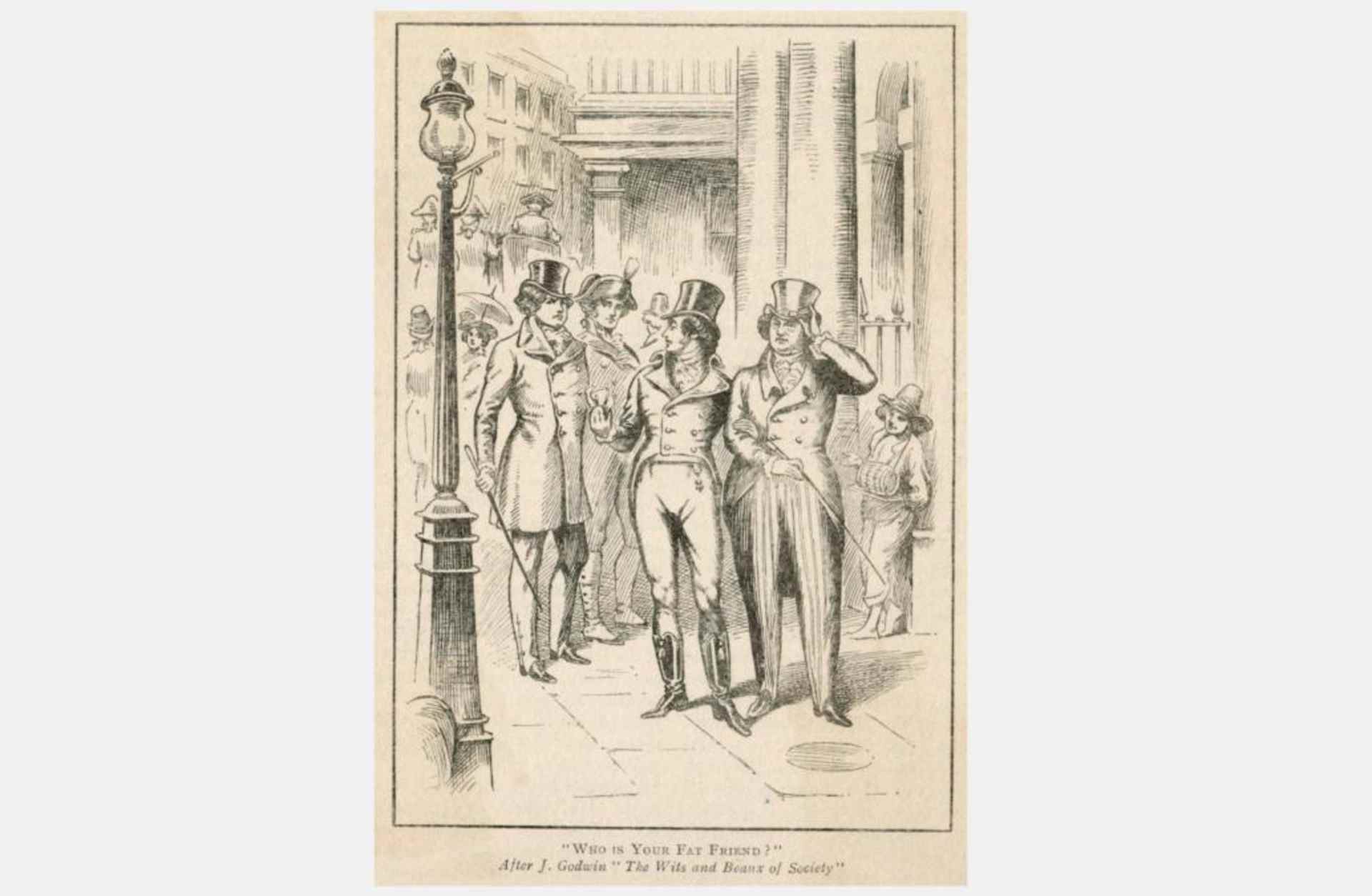 A crowded street scene with figures in formal attire walking along a narrow passage, with architectural elements such as columns and arches visible in the background.