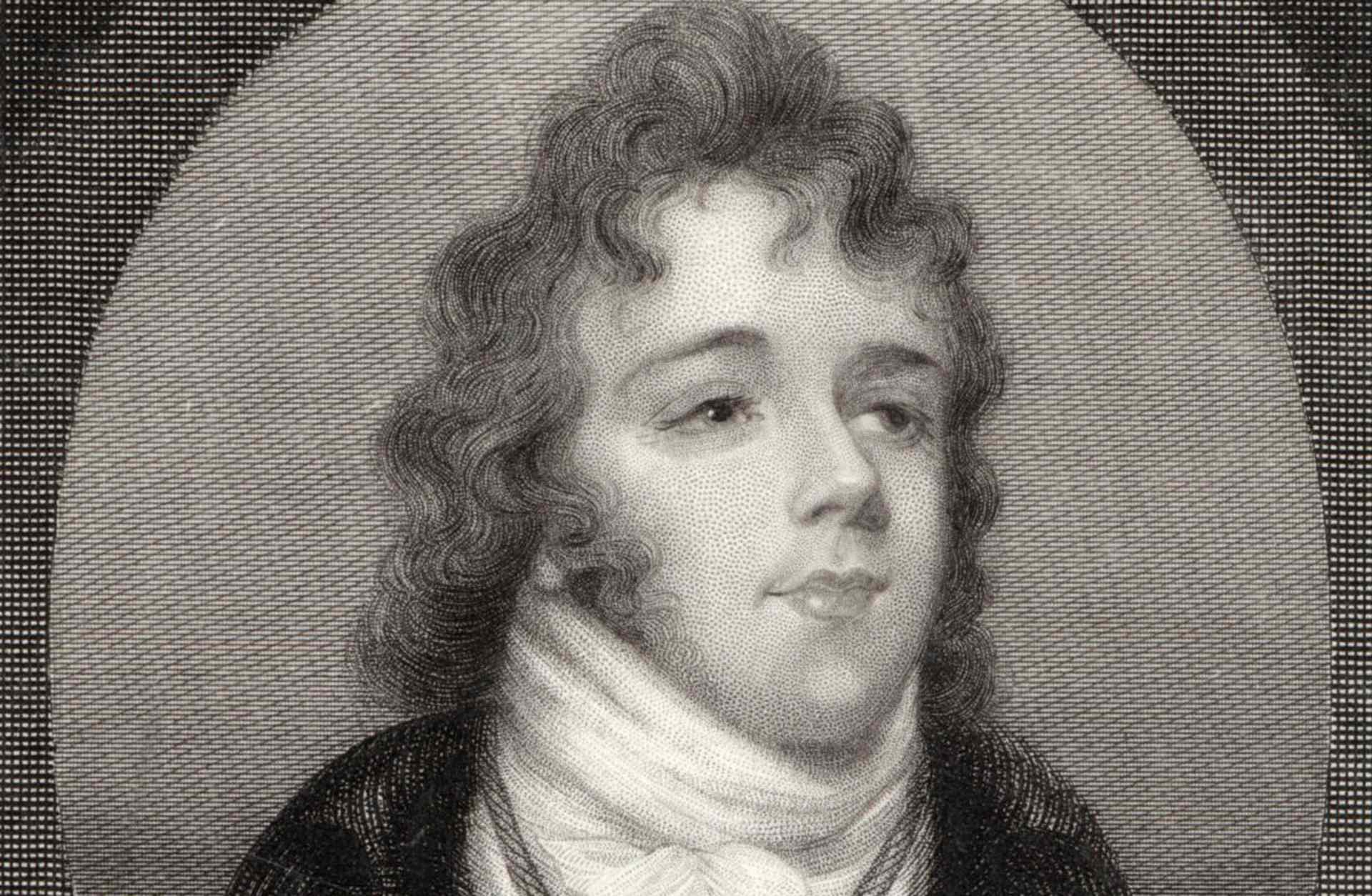 A black and white engraved portrait depicts a man with curly hair and a pensive expression, wearing a dark coat and cravat against a plain background.
