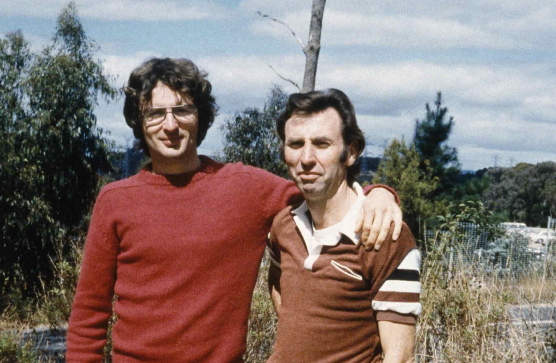 Branch Davidian founder David Koresh (left), accompanied by Clive Doyle, during his first visit to Australia to recruit members. (Credit: Elizabeth Baranyai/Sygma via Getty Images)
