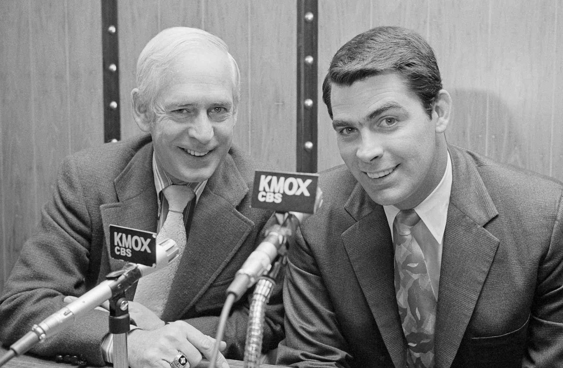Mike Shannon (R) former Cardinal third baseman, will join Jack Buck (L) in broadcasting the 1972 St. Louis Cardinal baseball games. Shannon, 32, was sidelined with a kidney ailment in 1970 and worked for the Cardinal front office in promotion and sales this year. Buck and Shannon, at the announcement, said Buck will do the complete play by play and Shannon the color and commentary on the game.