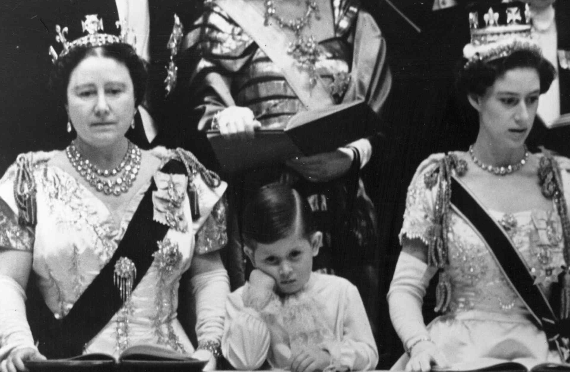 Queen Elizabeth, the Queen Mother and Prince Charles with Princess Margaret Rose shown in the royal box at Westminster Abbey during the coronation ceremony of Queen Elizabeth II.