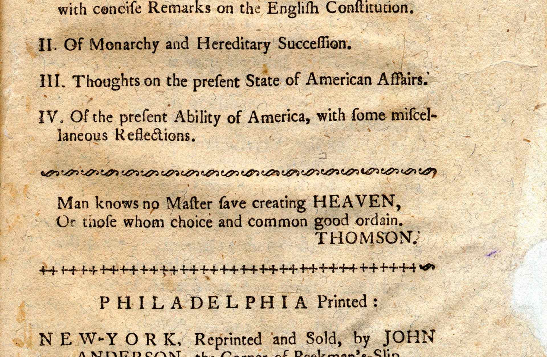 Title page from Thomas Payne's Common Sense pamphlet, referring to issues of independence and governance in America, printed 1776 in New York.