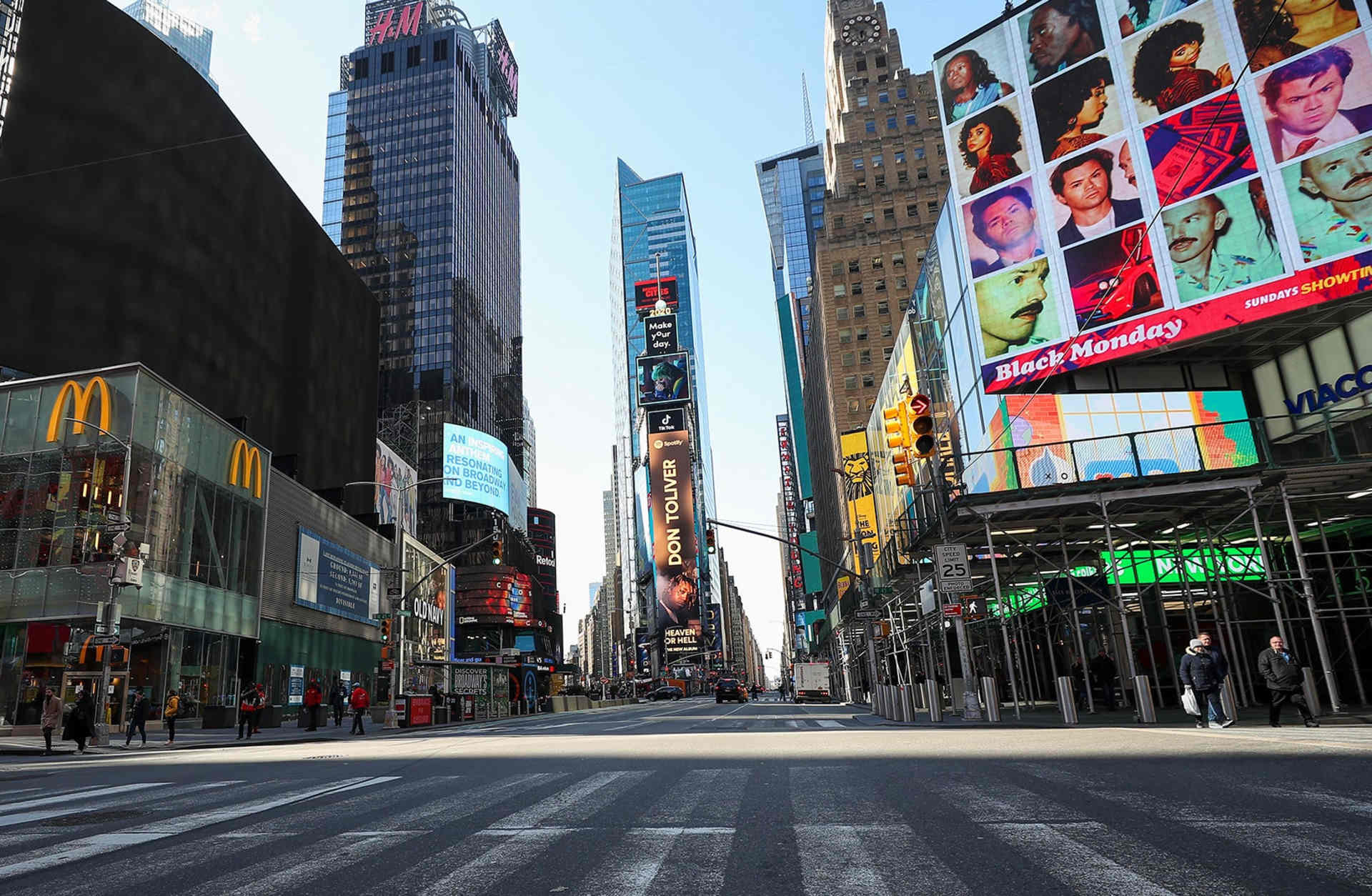 New York City's famous Times Square is seen nearly empty due to the COVID-19 pandemic on March 16, 2020.