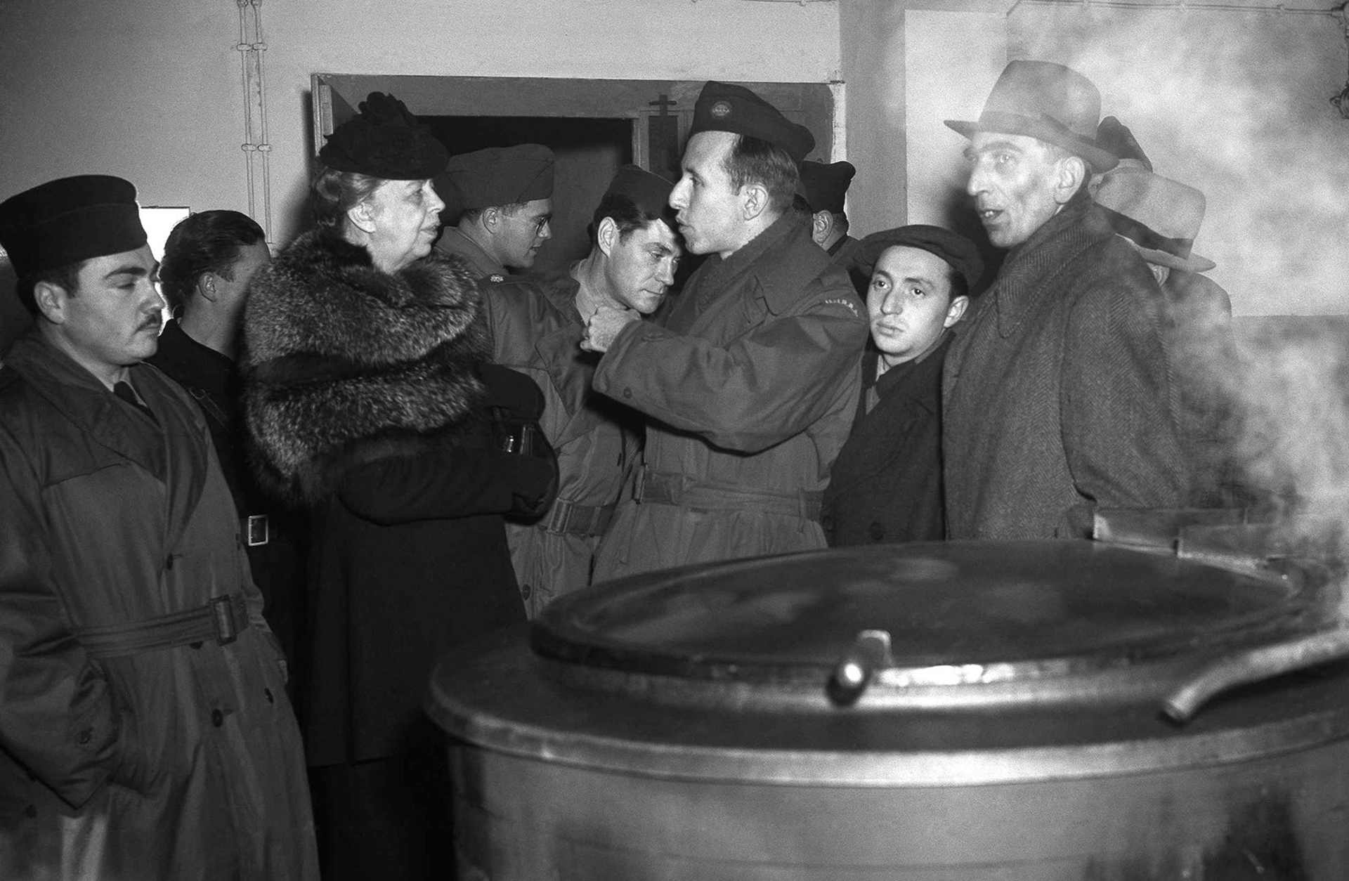 Eleanor Roosevelt inspects the kitchens of the Zeilsheim Displaced Persons camp in Germany, February 16, 1946.