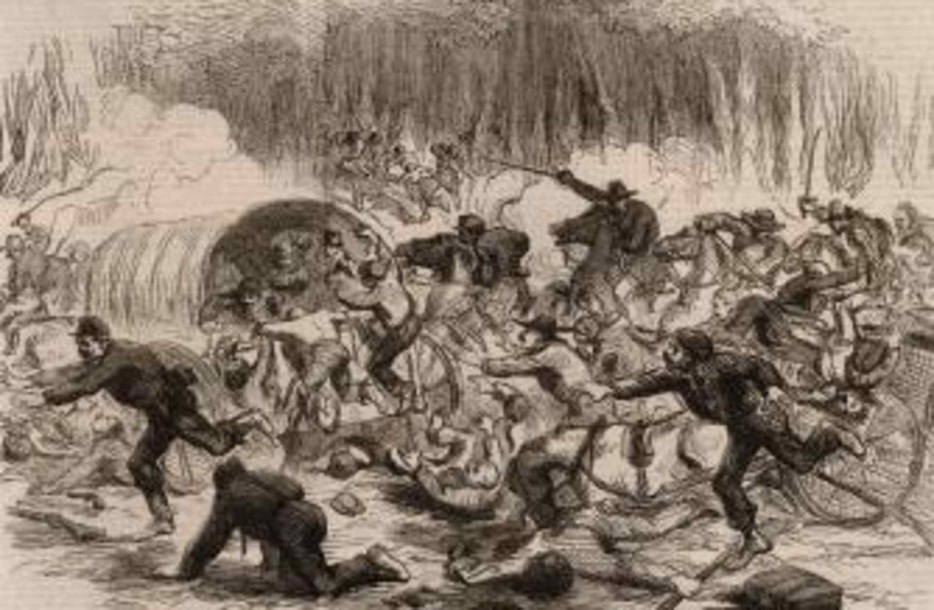 Drawing depicting stampede of retreating Union troops. (Credit: Universal History Archive/Getty Images)