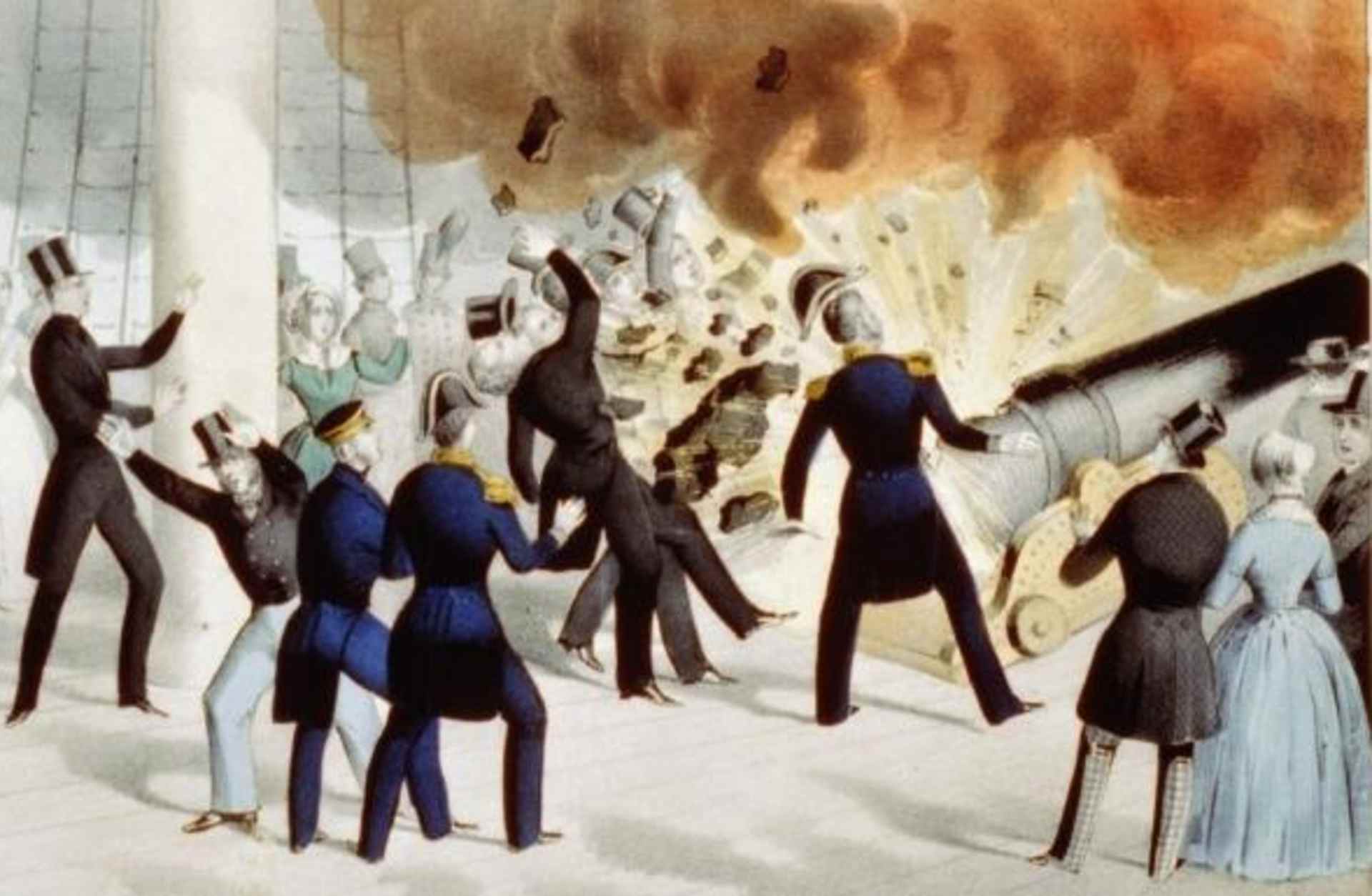 Explosion of the "peace-maker" on board the U.S. Steam Frigate Princeton on Wednesday, 1844-02-28. (Credit: Library of Congress)