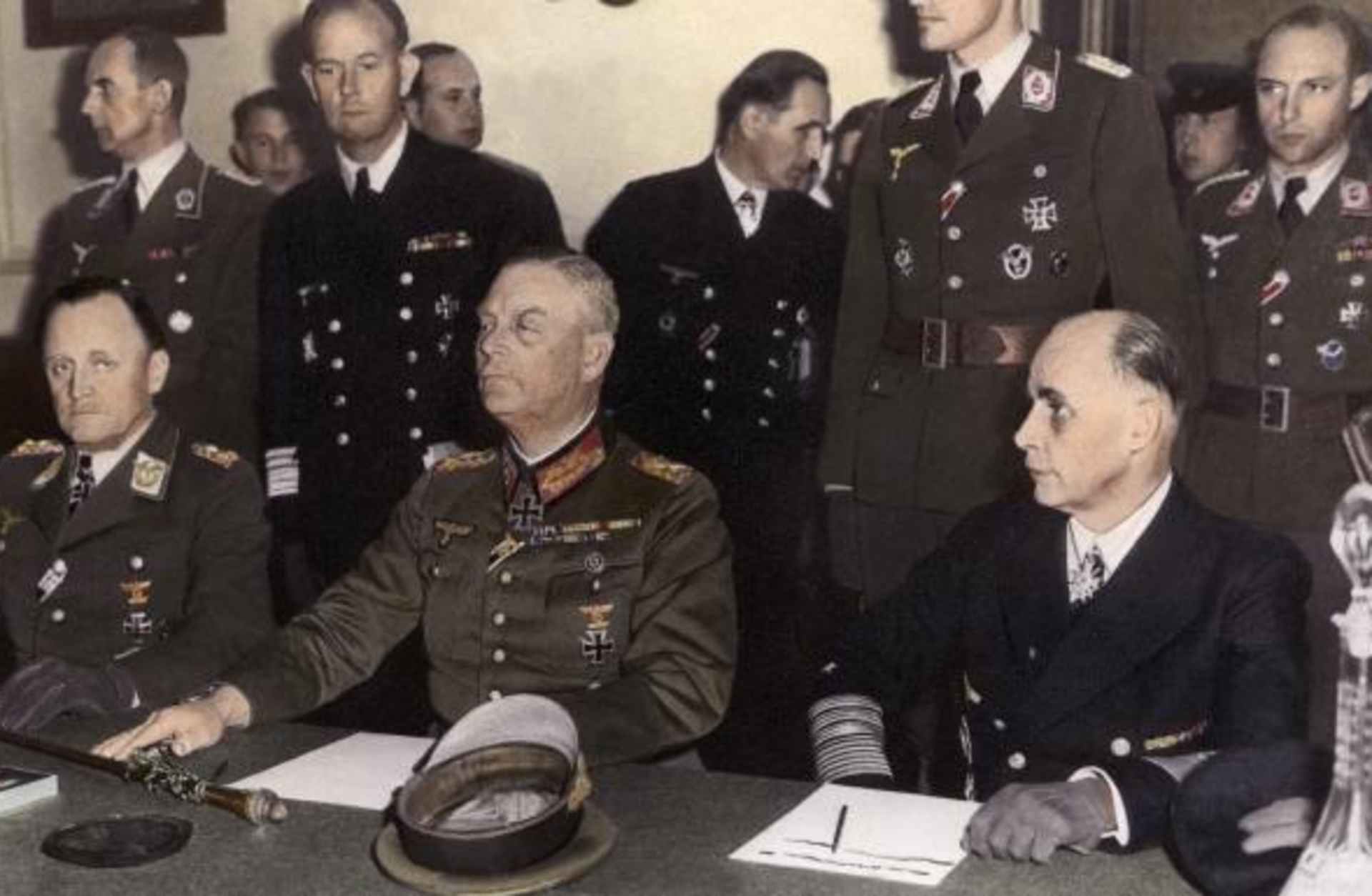 General Stumpf, Marshall Keitel and Admiral Friedeburg sign the German Instrument of Surrender at Russian headquarters in Berlin on May 8, 1945. (Credit: Keystone-France/Gamma-Keystone via Getty Images)
