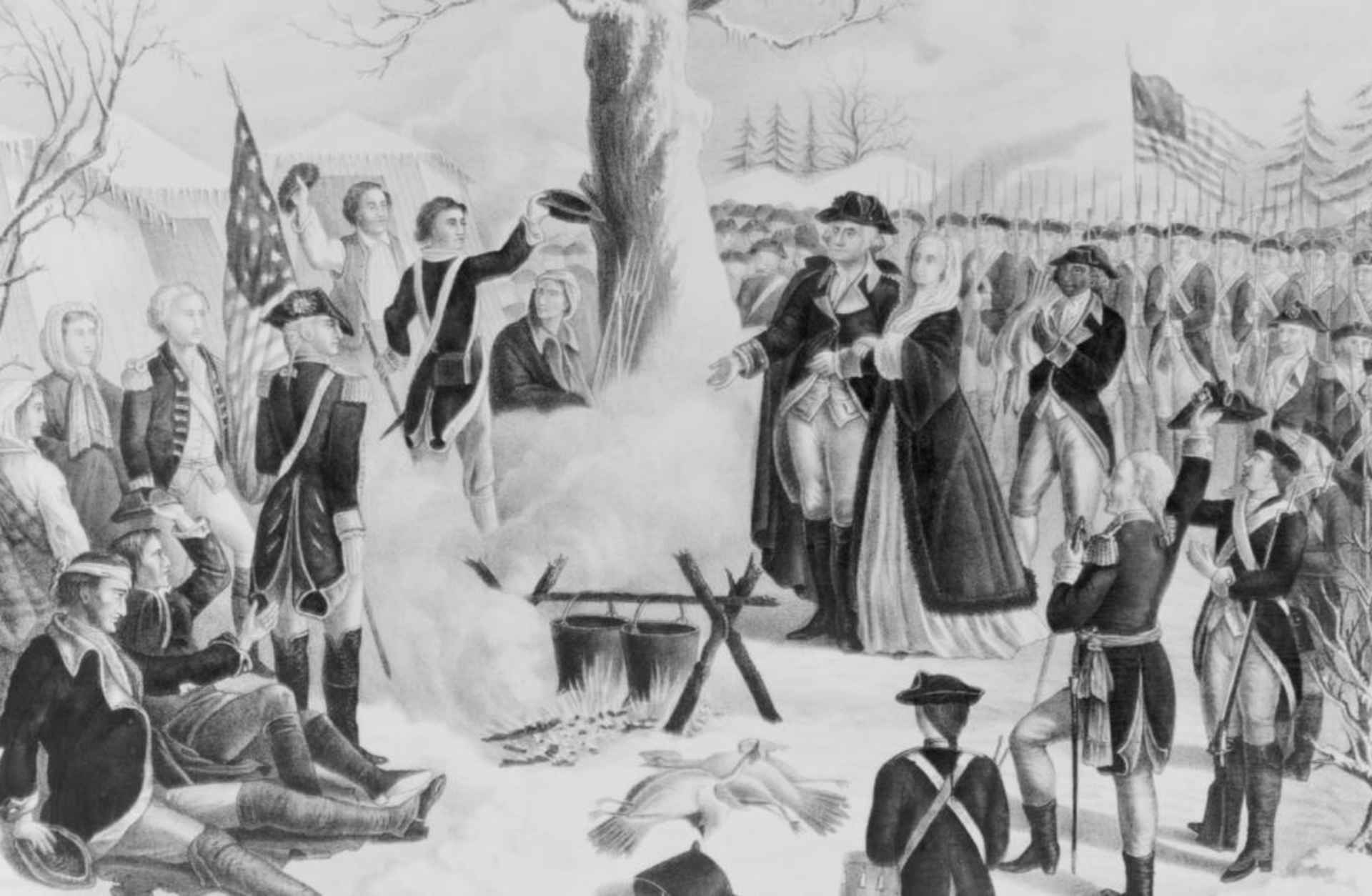 General Washington and his wife visiting camp at Valley Forge on Christmas Day, 1779. (Credit: Bettmann Archive/Getty Images)