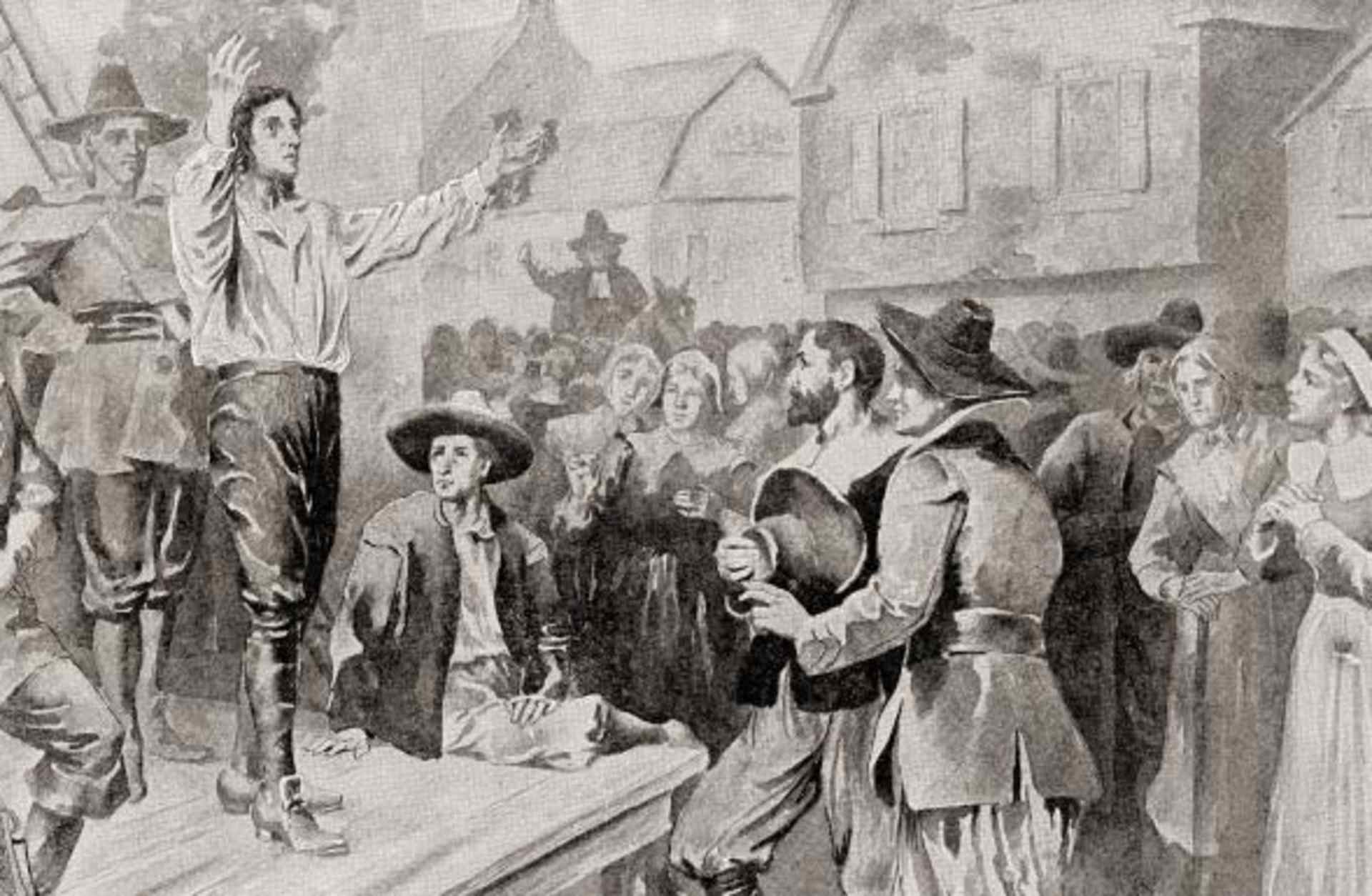 George Burroughs reciting the Lord's Prayer before his execution at Witches Hill in Salem, Massachusetts. (Credit: Classic Image/Alamy Stock Photo)