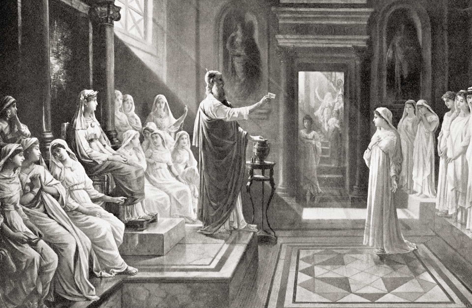 The election of a Vestal Virgin by the high priest of the College of Pontiffs in ancient Rome. To be allowed entry into the order, a girl had to be free of physical and mental defects, have two living parents and be a daughter of a free-born resident of Rome. The Vestals or Vestal Virgins were priestesses of Vesta, goddess of the hearth. From Hutchinson's History of the Nations, published 1915.