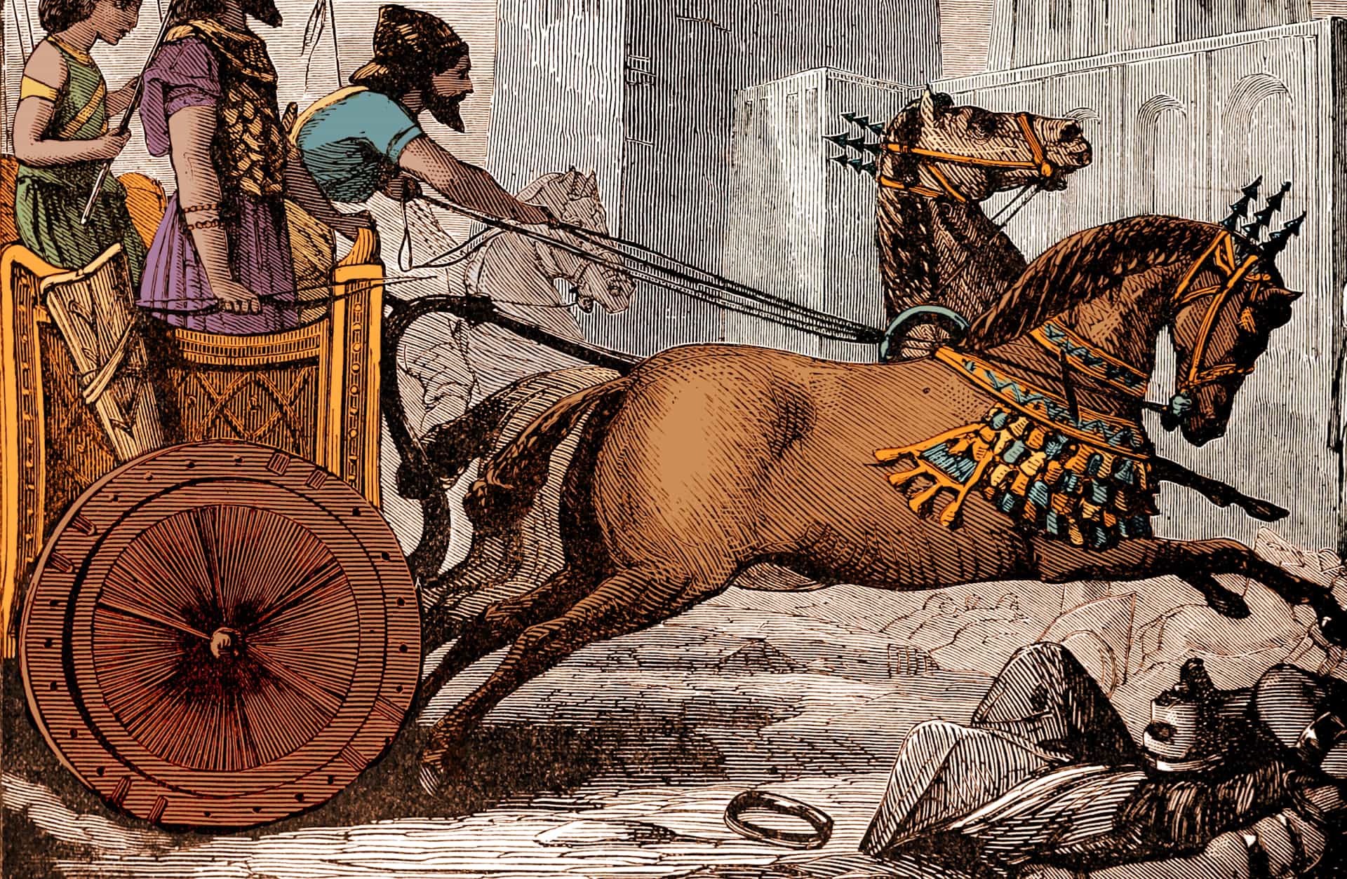 Cyrus II (also known as Cyrus the Great, circa 585 - 530 BCE) (second the left), on a horse-drawn chariot, as he is driven in the city of Ecbatana.