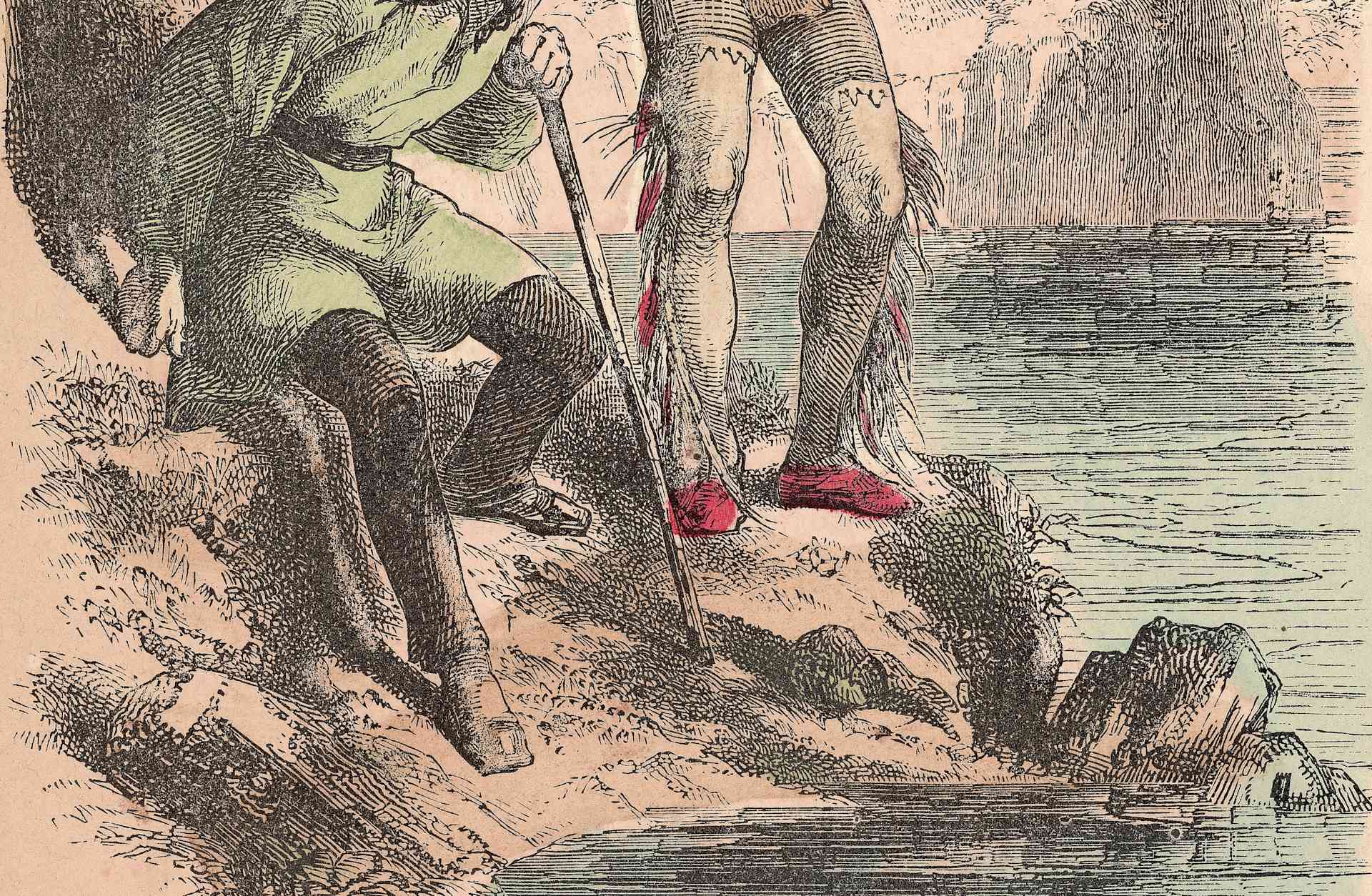 Illustration depicting Native American Squanto (a.k.a. Tisquantum), of the Patuxet tribe, serving as guide and interpreter for the Pilgrims at the Plymouth Colony, circa 1621.