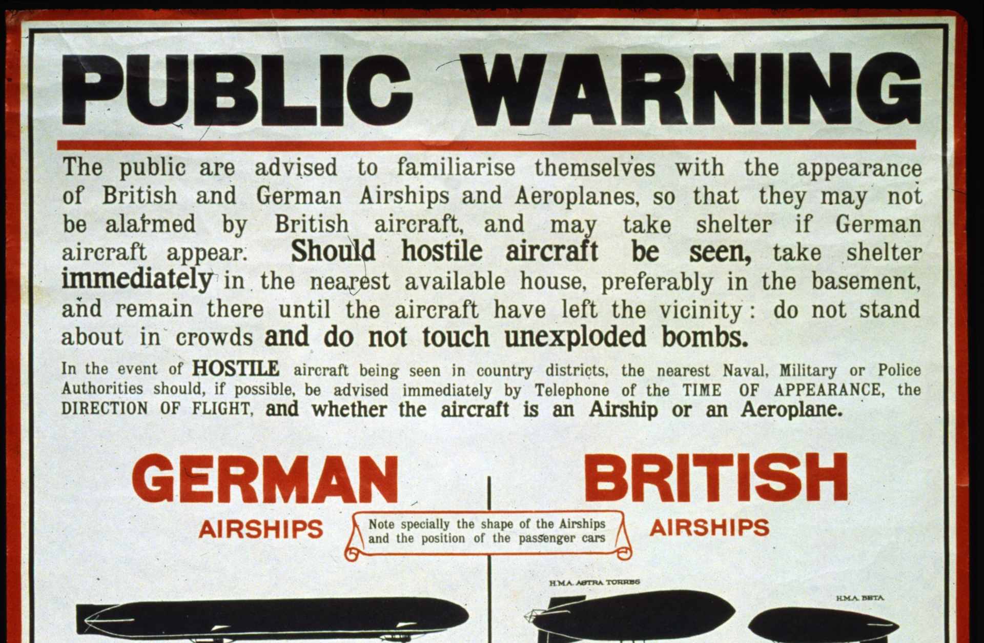 WWI Aviation - A U.S. government poster showing examples of British and German airships and planes so the public can take shelter if they see an enemy aircraft, c. 1915.