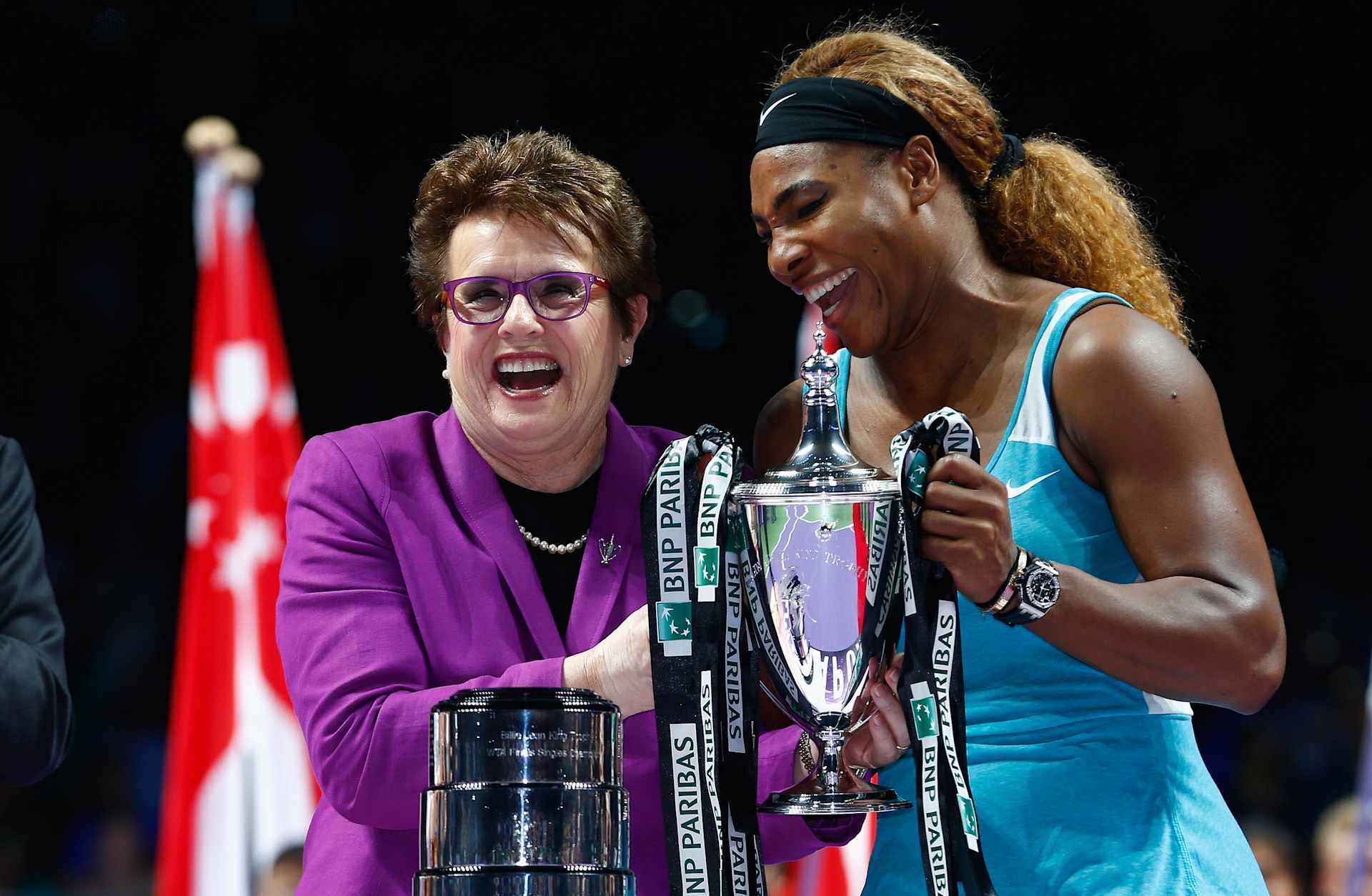 Serena Williams (R) with Billie Jean King after Williams' win over Simona Halep of Romania at the BNP Paribas WTA Finals at Singapore Sports Hub on October 26, 2014