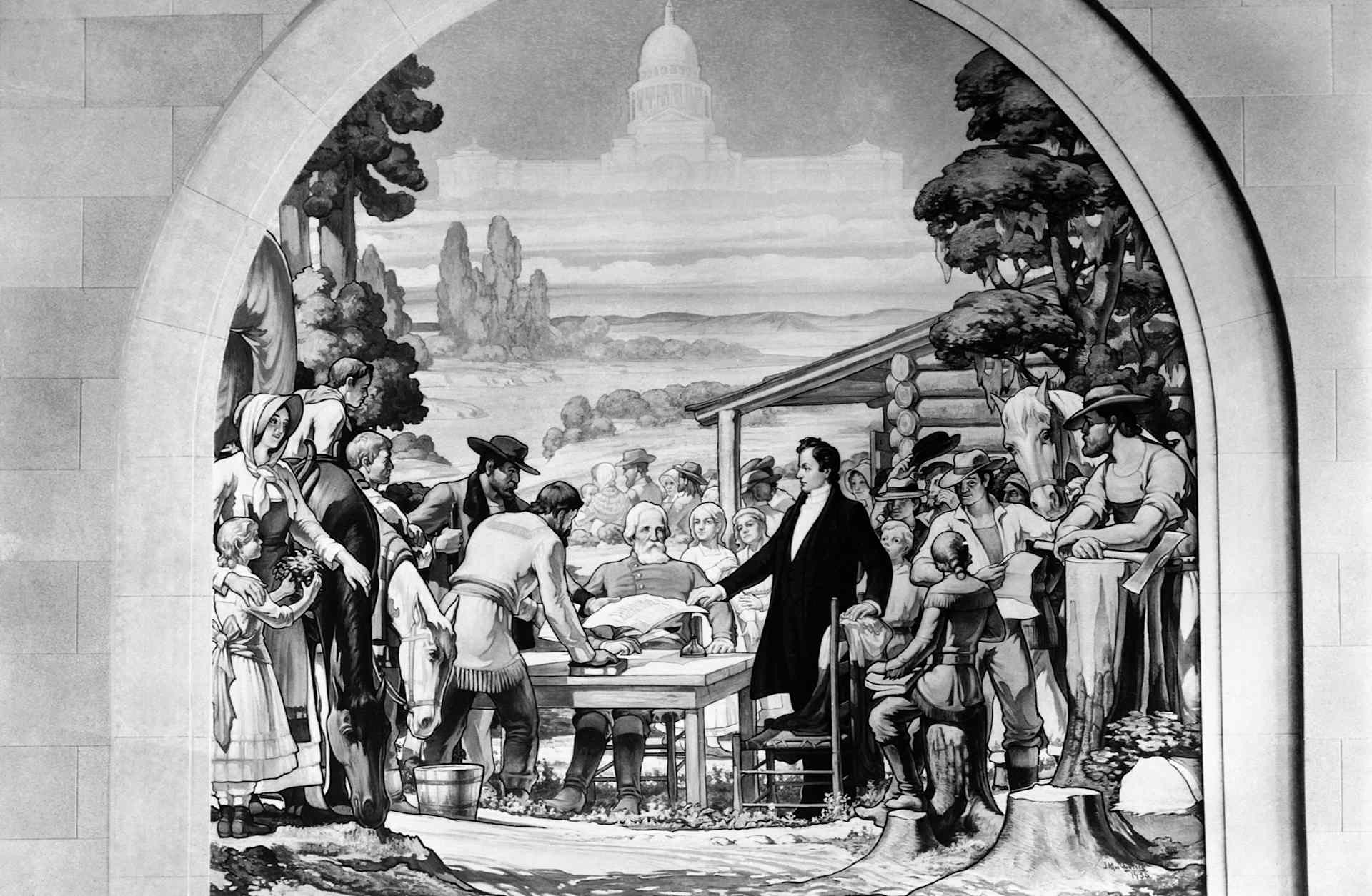 Mural of a gathering of colonists in 1823 on the Colorado River, where Stephen F. Austin, the 'Father of Texas' and Baron de Bastrop (seated), Land Commissioner of the Mexican Government, are issuing land to the colonists.