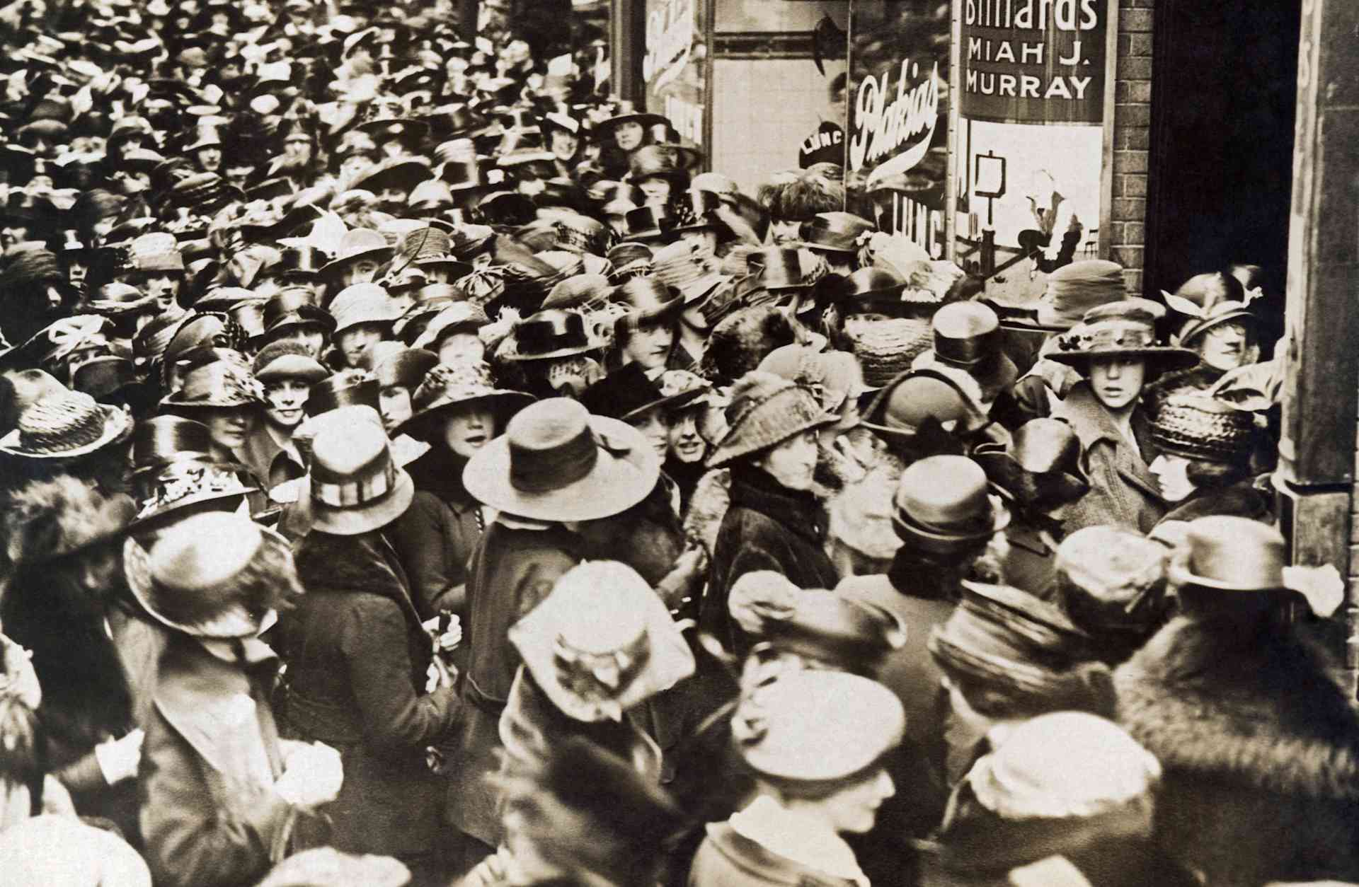 Striking New England Telephone and Telegraph Company operators leaving Fay Hall after a mass meeting, Boston, Massachusetts, April 18, 1919.