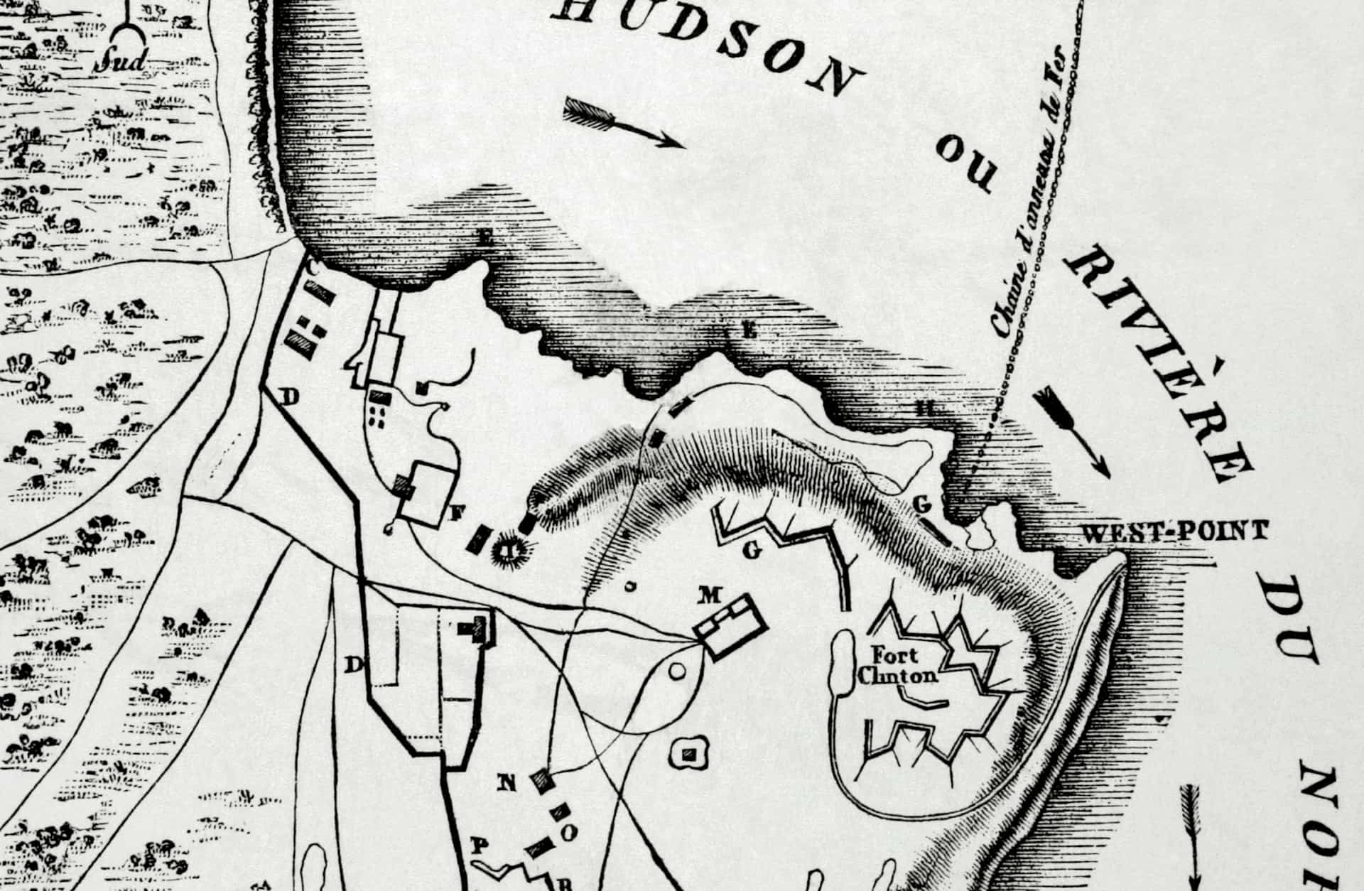 Map of the defense network at West Point, including the Great Chain, Constitution Island, Fort Clinton and Fort Putnam during the Revolutionary War.