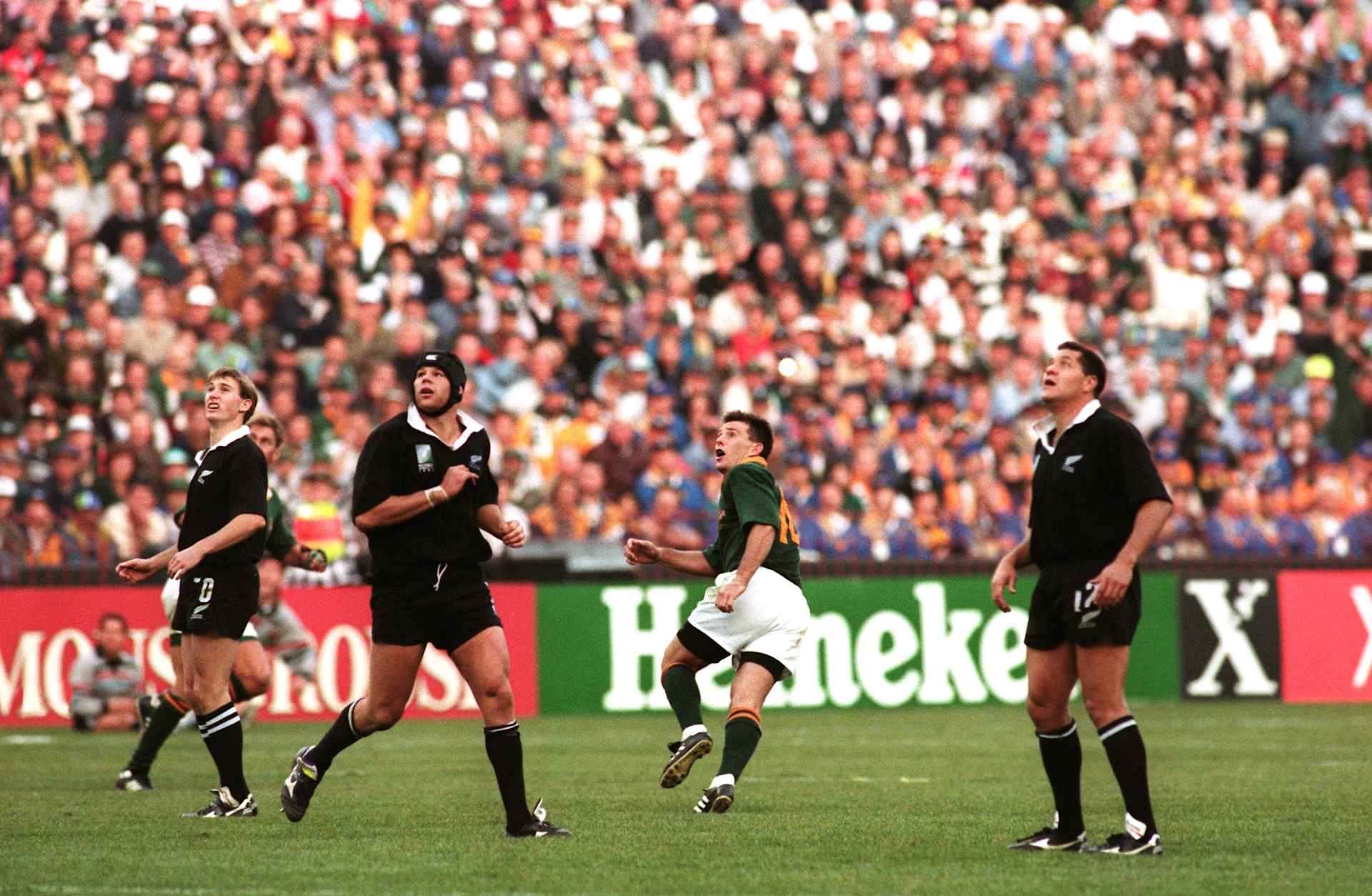 South Africa's Joel Stransky drops the winning goal against New Zealand in the 1995 Rugby Union World Cup finals in Johannesburg, South Africa.