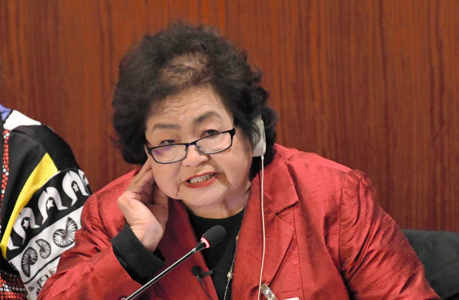 Atomic bomb survivor Setsuko Thurlow talks during the nuclear ban treaty discussion at the United Nations headquarters on March 28, 2017 in New York City.