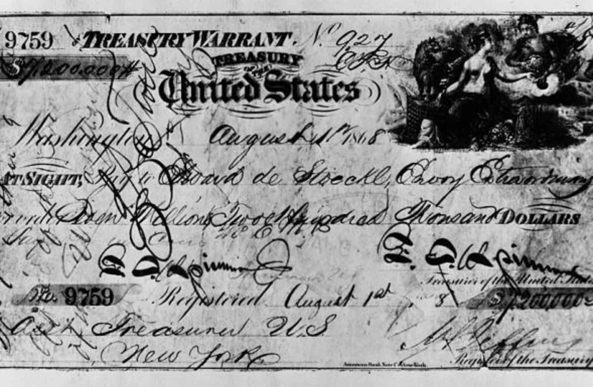 Image of the $7,200,000 check from the United States to Russia for purchasing Alaska
