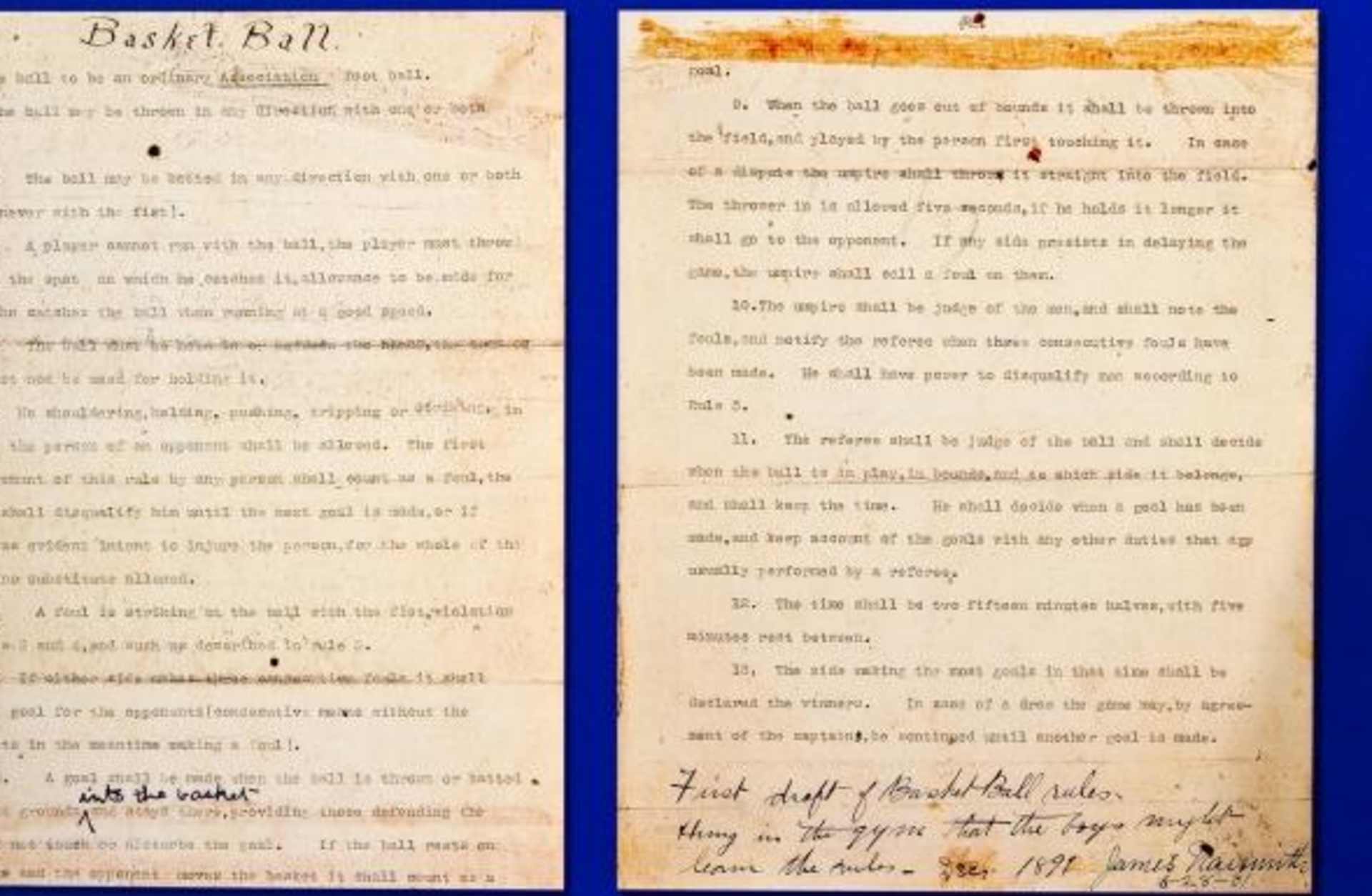 James Naismith's Original Rules of Basket Ball display, developed in 1891. (Credit: Witold Skrypczak/Getty Images)