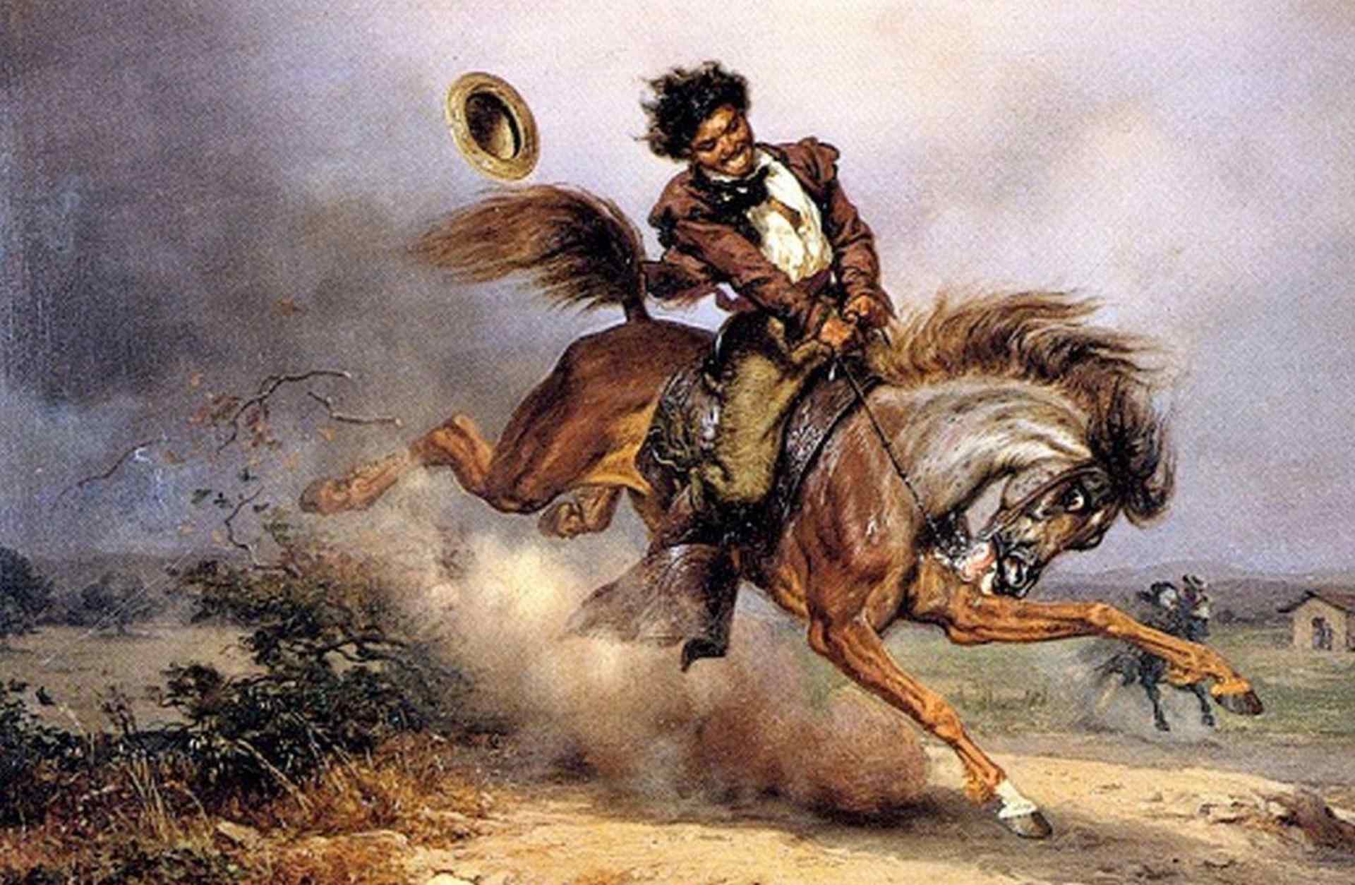 Joaquin Murrieta on charging stallion, losing his hat