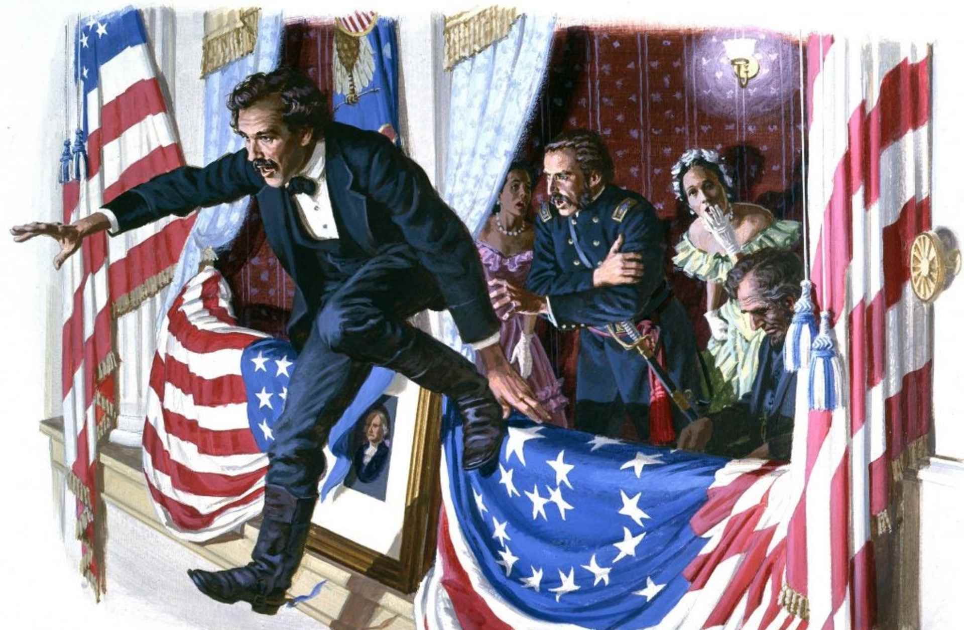 John Wilkes Booth jumping from the booth after assassinating President Lincoln at Ford's Theatre on April 11, 1865.