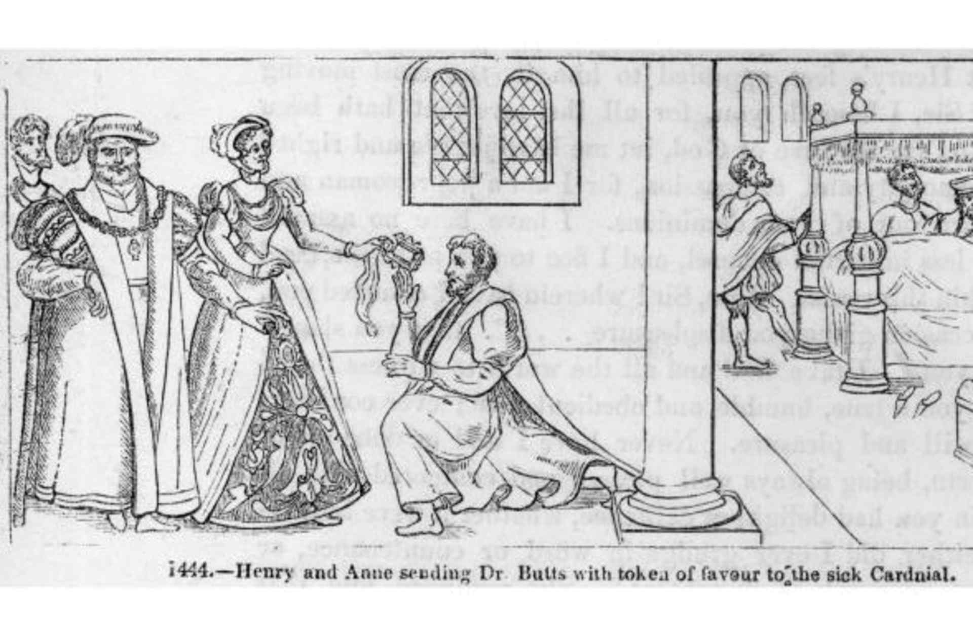 King Henry VIII and Queen Anne Boleyn sending court physician Dr Butts with a token of favour to Cardinal Wolsey, who is ill in bed. (Credit: Hulton Archive/Getty Images)