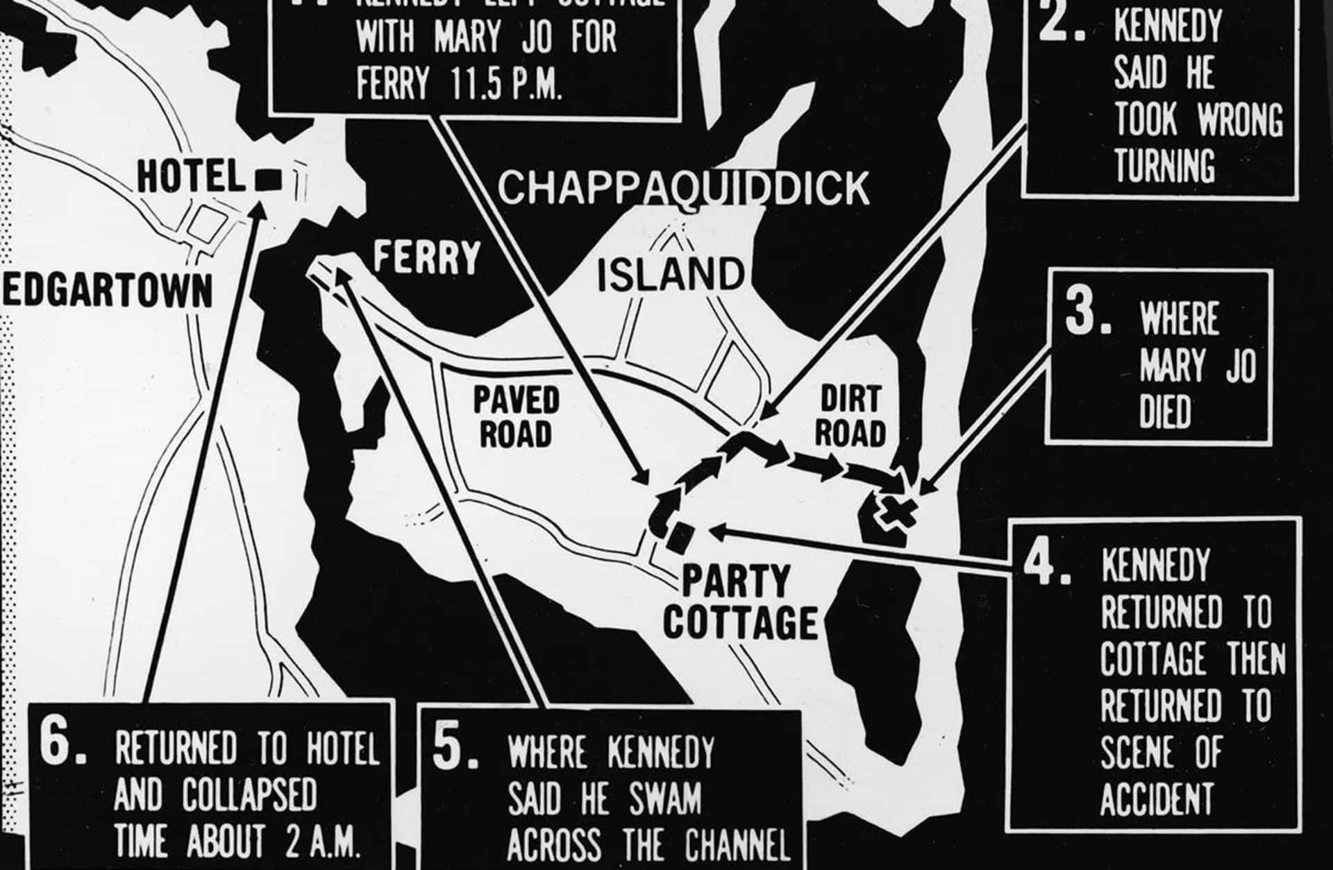 Map of Chappaquiddick, just off the island of Martha's Vineyard, that shows the locations of the major events of the evening of July 18, 1969, when a car driven by Senator Ted Kennedy crashed off of a bridge resulting in the death of Mary Jo Kopechne. (Credit: Express Newspapers/Getty Images)