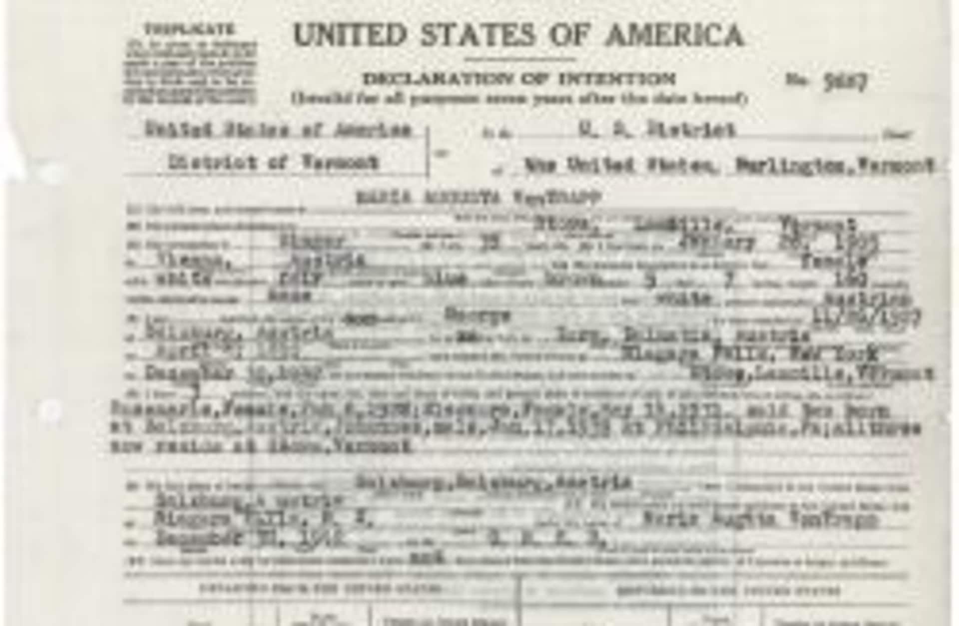 Maria von Trapp's declaration of intent to become a U.S. citizen. (Credit: National Archives)