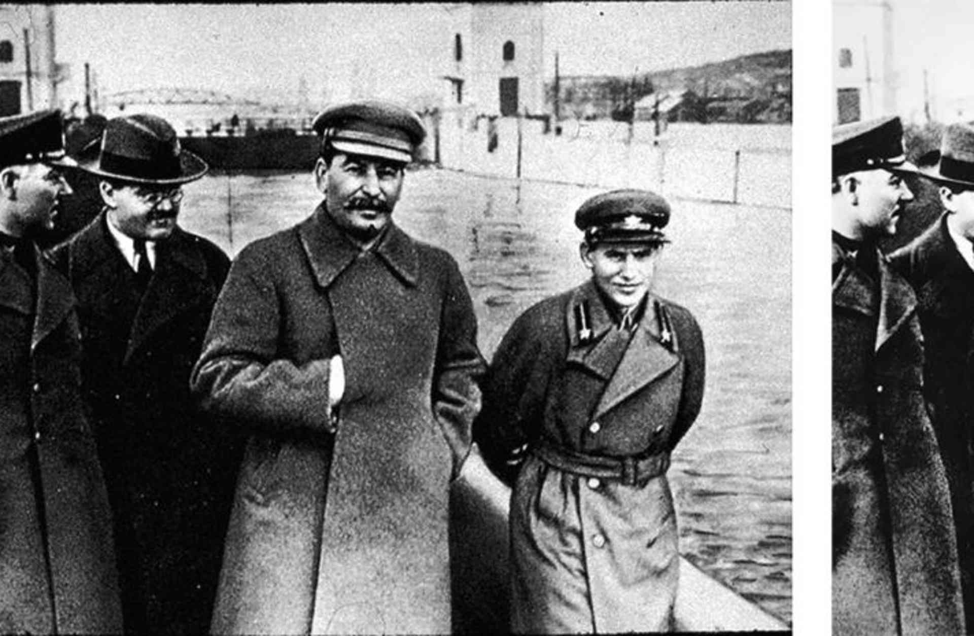 Nikolai Yezhov, pictured right of Stalin, was later removed from this photograph at the Moscow Canal.