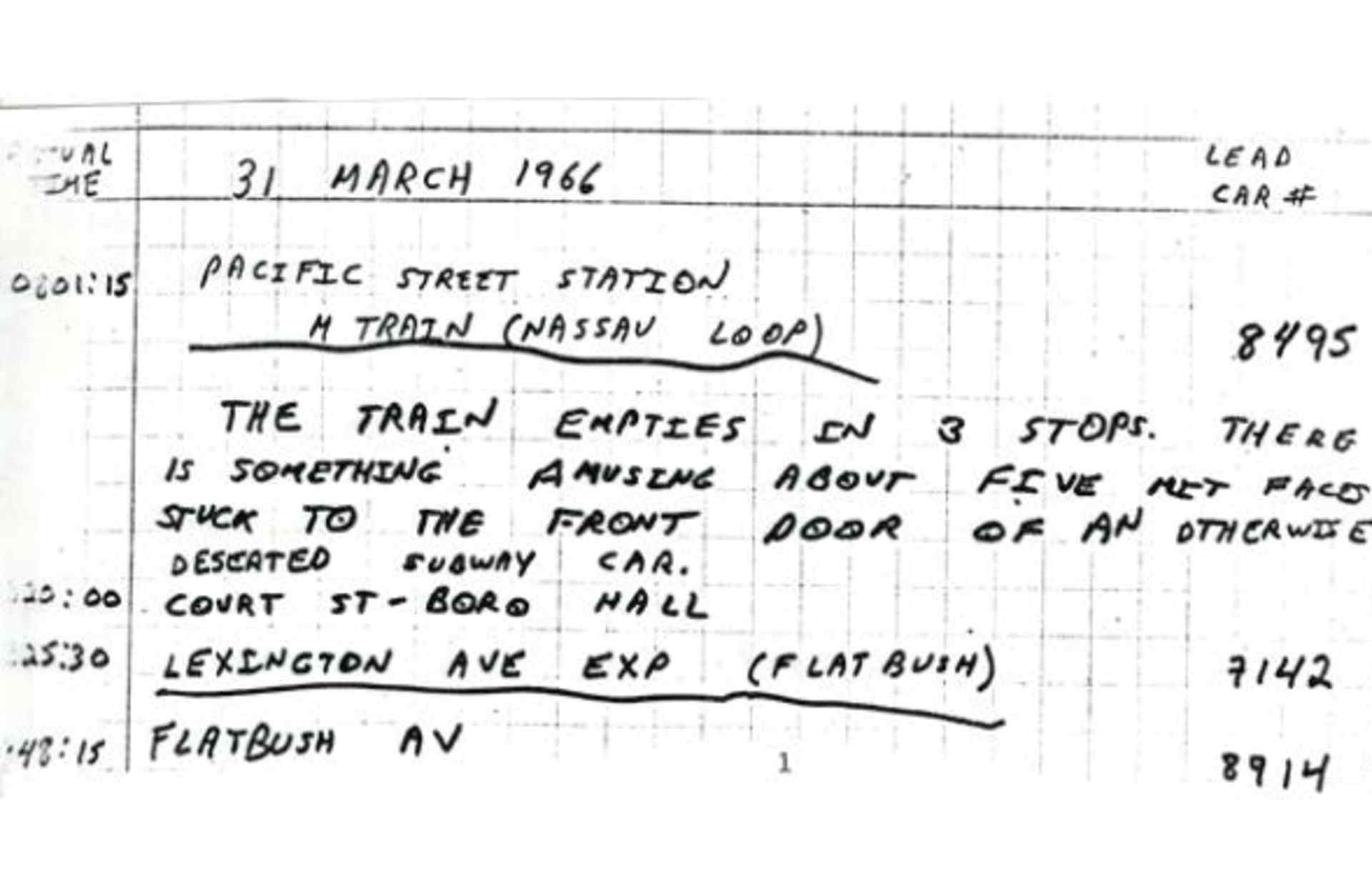 Notes from Peter Samson planning out the subway ride. (Courtesy of Peter Samson)