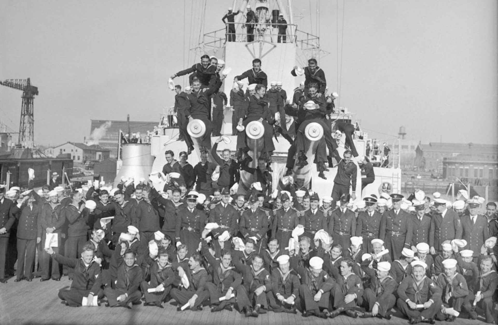 Officers and members of the U.S.S. Indianapolis aboard the ship in the Philadelphia Navy Yard after commissioning ceremonies on November 15th, 1932