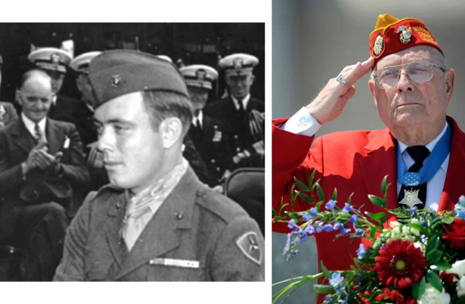 On the left is President Harry Truman congratulating Hershel "Woody" Williams on being awarded the Medal of Honor for his actions during the battle of Iwo Jima, 1945. (Image courtesy of the U.S. Marine Corps.) The right shows Williams saluting during the D-Day ceremony at the National D-Day Memorial in Bedford, Virginia, 2011. (Credit: Parker Michels-Boyce, The News & Advance/AP Photo) 