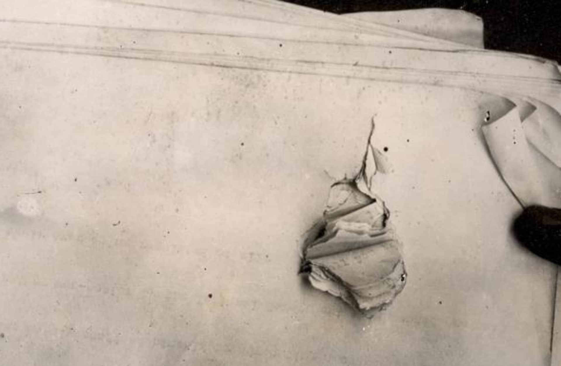 Papers in Roosevelt's pockets at time he was shot, showing where bullet struck. (Credit: Theodore Roosevelt Collection/Flickr Creative Commons/CC BY-NC-ND 2.0)