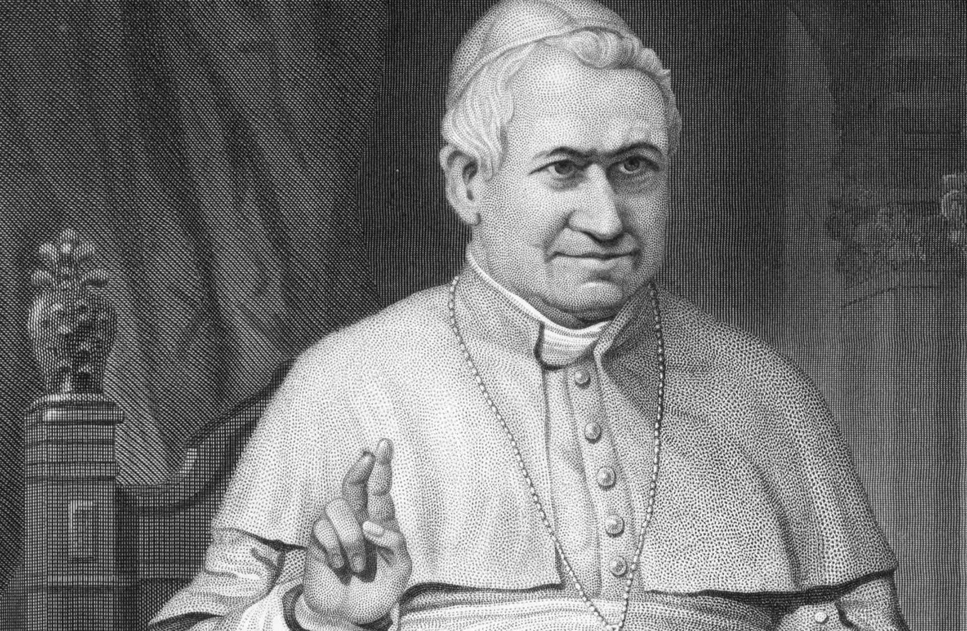 Illustration shows Pope Pius IX standing in front of his throne.