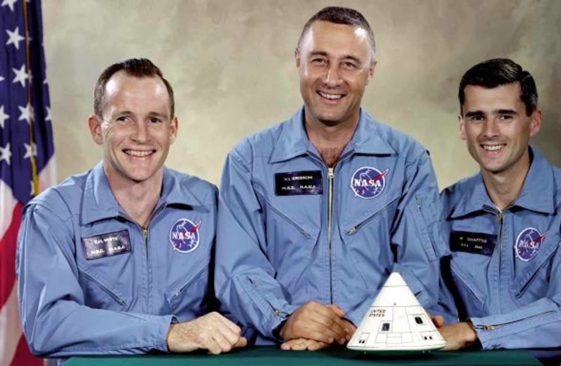 Portrait of the Apollo 1 prime crew for first manned Apollo space flight, Edward H. White II, Virgil I. "Gus" Grissom, and Roger B. Chaffee.