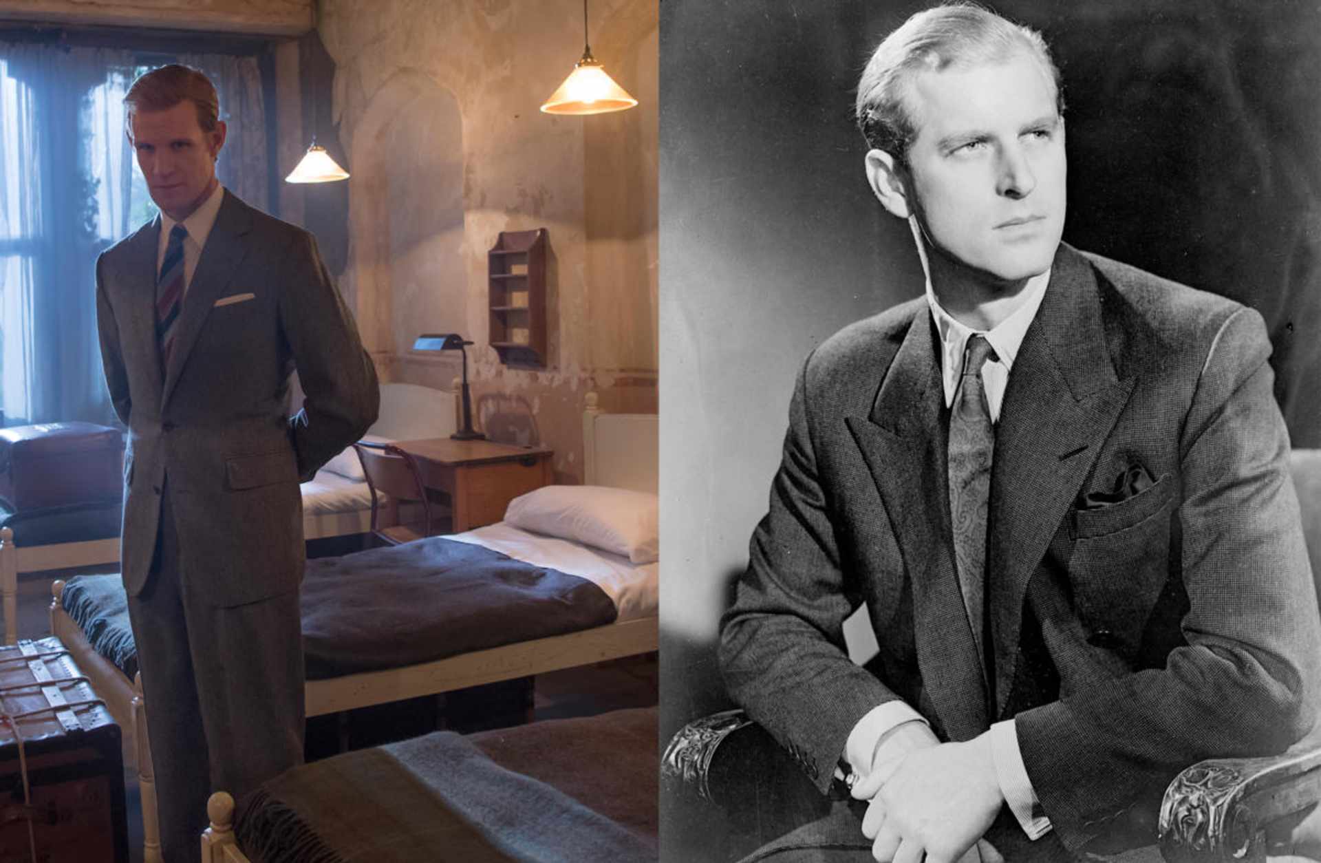 Prince Philip. On the left, Prince Philip is shown in his dormitory at Gordonston (depicted by Matt Smith in The Crown). (Credit: Alex Bailey/Netflix & Keystone/Getty Images)