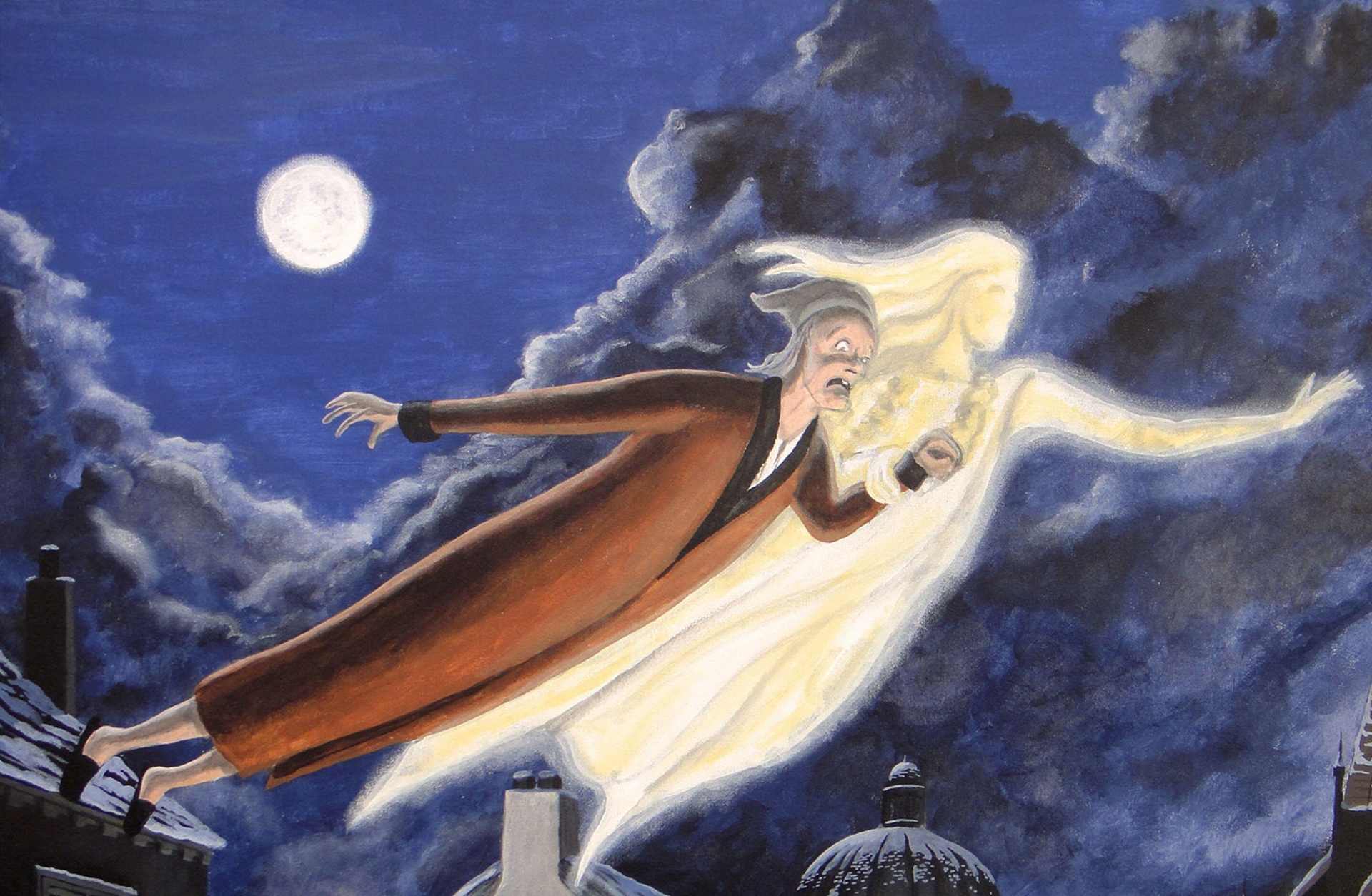 Scrooge and the Ghost of Christmas Past soar over the moonlit town. From Dicken's Christmas Carol.