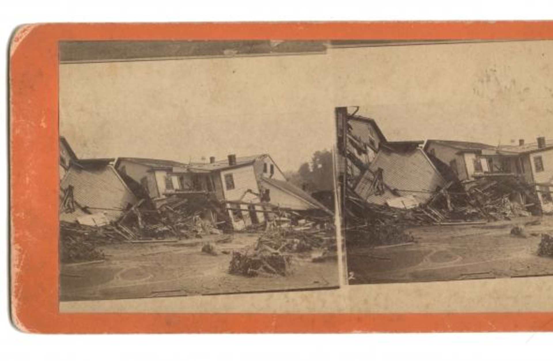 Stereoscopic view showing debris, collapsed houses, and the general disastrous condition of Main Street in Johnstown, Pennyslvania soon after the flood, 1889. After heavy rains, the South Fork Dam burst and the waters of Lake Conemaugh flooded the town. (Credit: EE Murray & Co/Interim Archives/Getty Images)