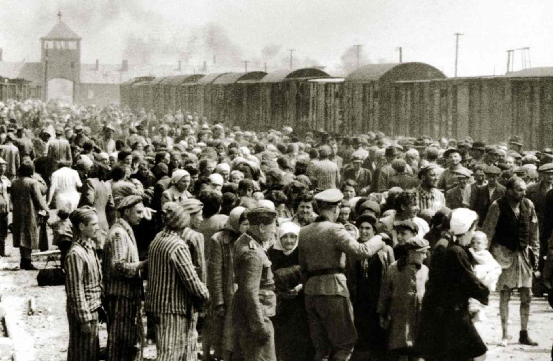 The arrival of Hungarian Jews in Auschwitz-Birkenau, in German-occupied Poland, June 1944. (Credit: Galerie Bilderwelt/Getty Images)