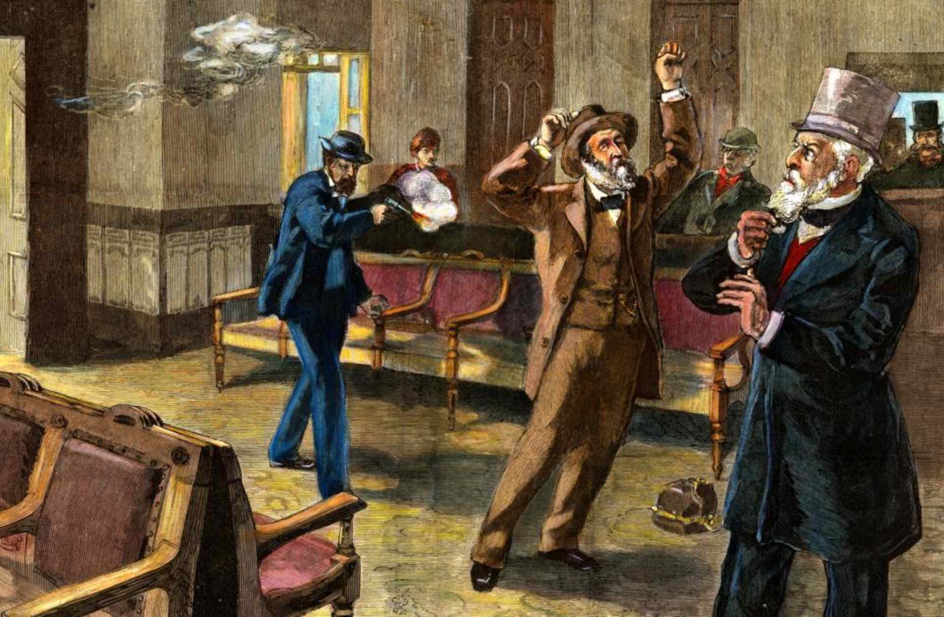 The assassin firing the second shot at President Garfield. (Credit: Bettmann Archives/Getty Images)