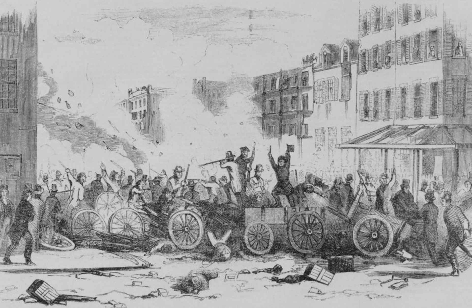 The battle on Bayard Street of the Irish gang, the 'Dead Rabbits,' against the Bowery Boys, a nativist, anti-Catholic and anti-Irish gang, New York, 1857. (Credit: Everett Collection Inc/Alamy Stock Photo)