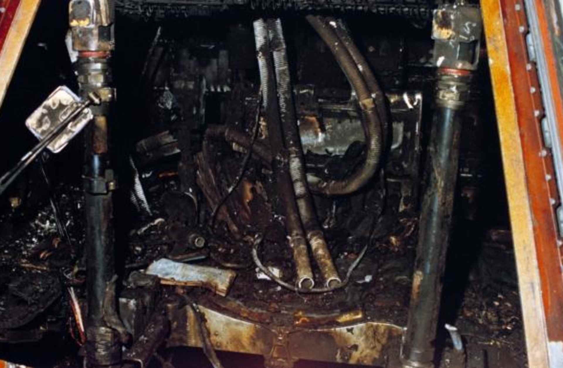 The charred remains of the Apollo 1 cabin interior.