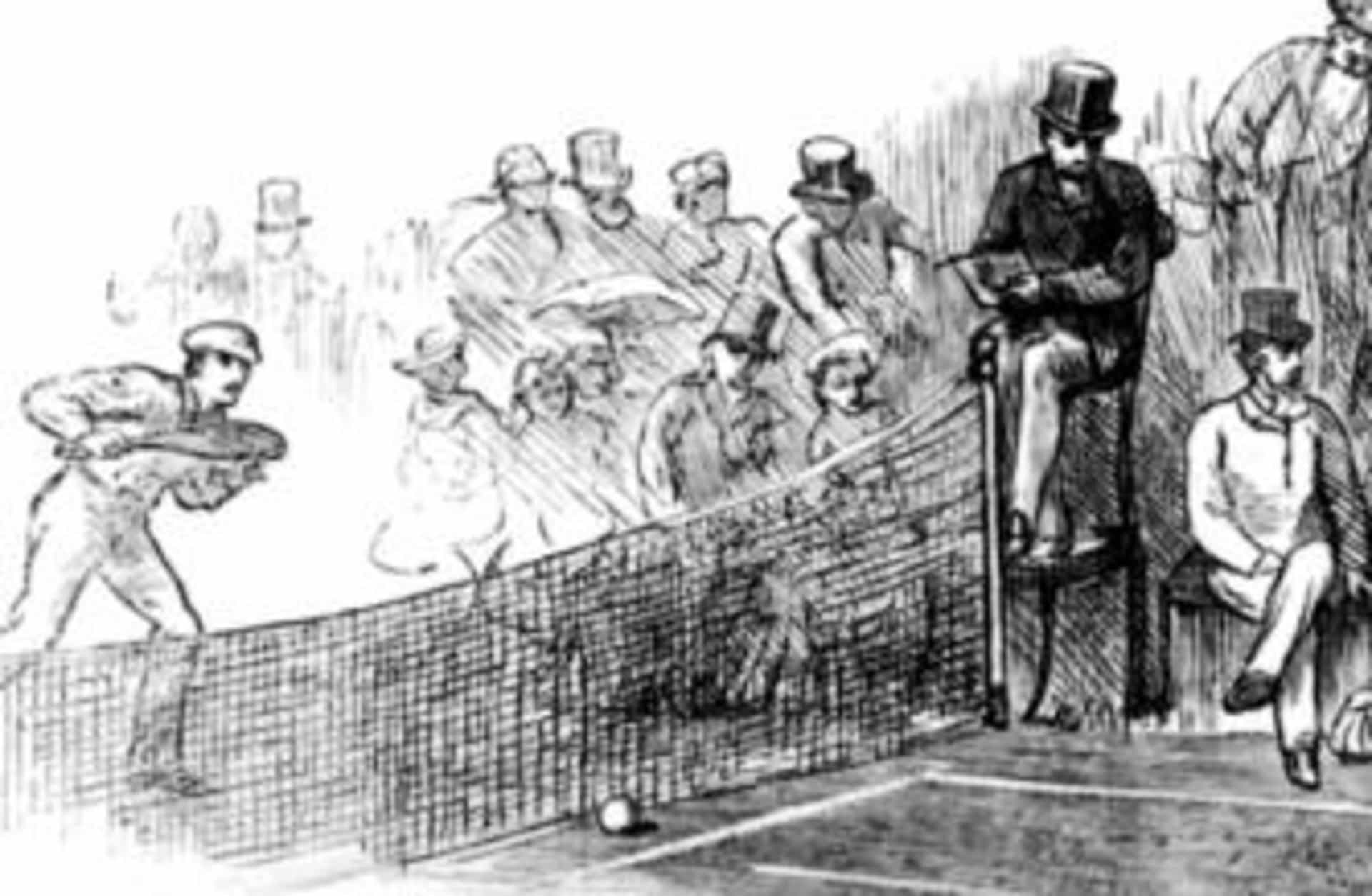 The final round of a tennis match at Wimbledon, 1879. An engraving by Swain.