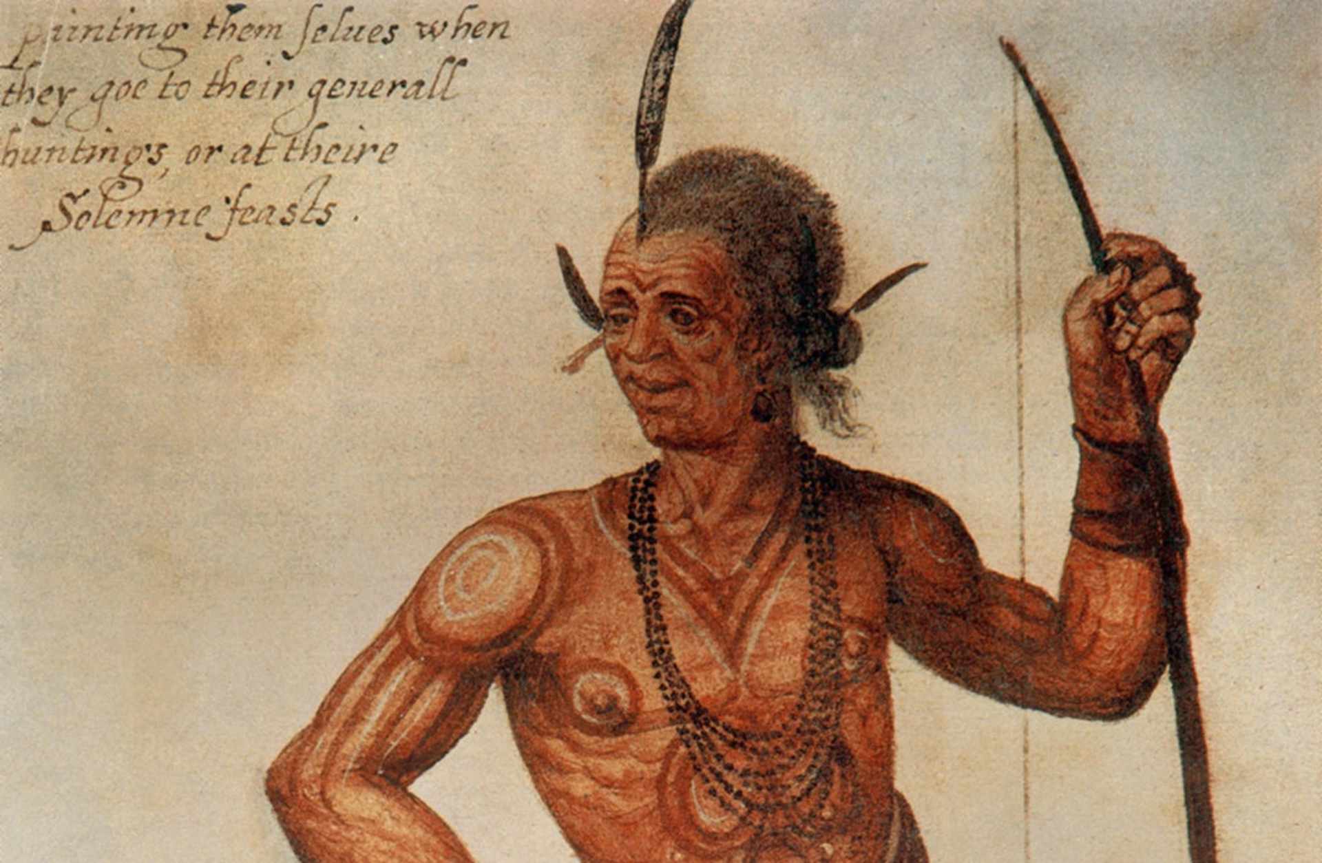 Watercolor by John White of a Native American man, entitled "The manner of their attire and painting them selves," from sometime between 1585 and 1593. White made these watercolors on voyages to Virginia (now North Carolina) in the 1580s.- Image ID: G15KT3 (RM)